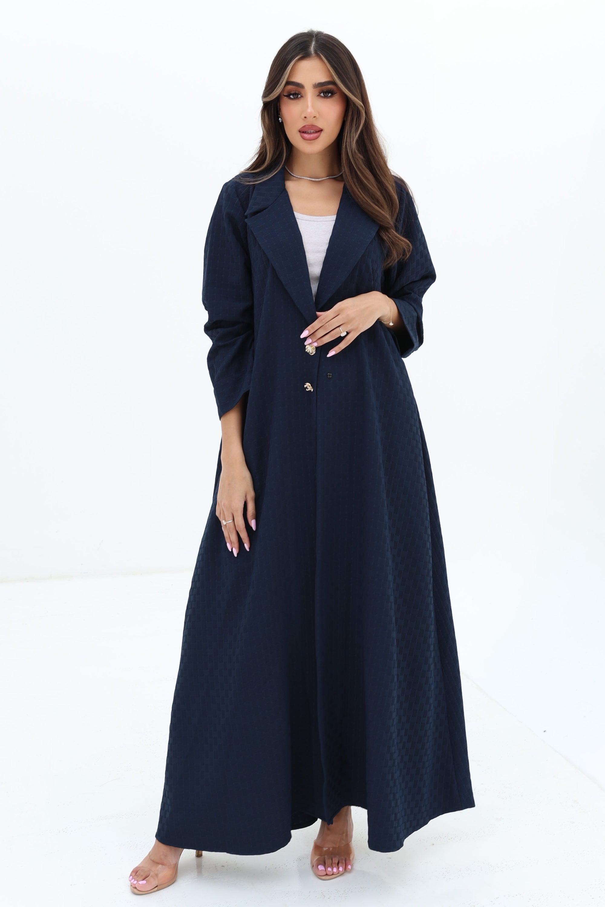 Full-length Navy Blazer Textured Stretch Abaya by Gharza Couture with elegant open-front silhouette and premium stretch fabric.