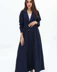 Full-length Navy Blazer Textured Stretch Abaya by Gharza Couture with elegant open-front silhouette and premium stretch fabric.