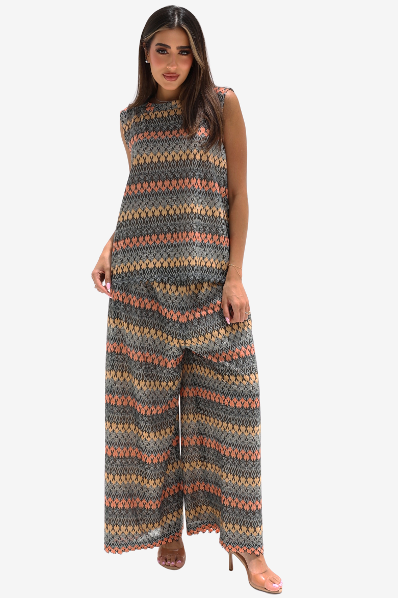 Geometric Knit Lace Two-Piece Set with sleeveless top and matching wide-leg trousers