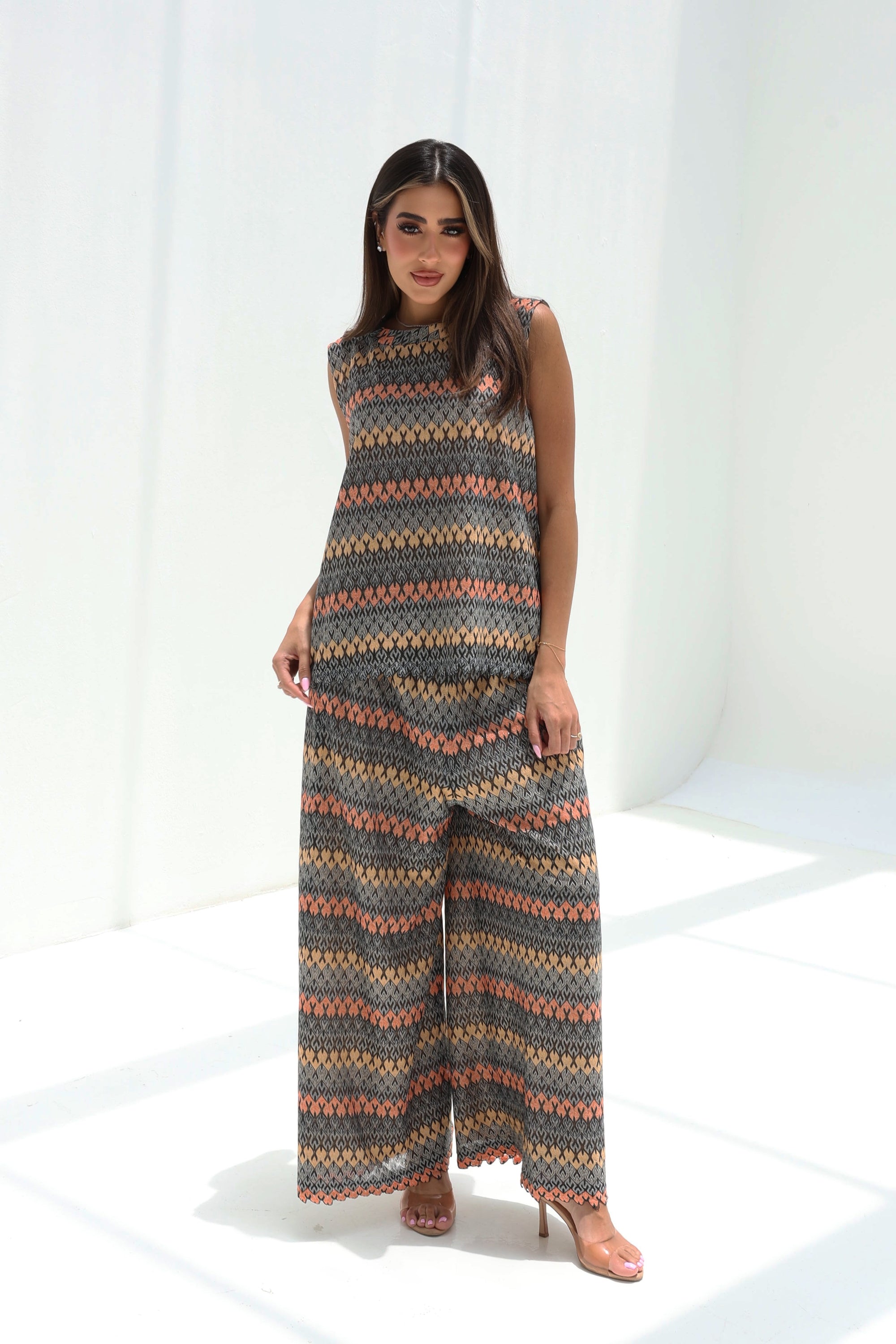 Full-length Geometric Knit Lace Two-Piece Set with relaxed wide-leg trousers