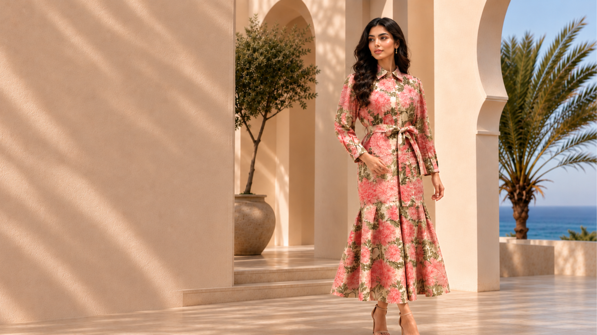A woman models a long-sleeved, collared floral dress with a matching waist tie, standing in an outdoor architectural setting with arches, a palm tree, and the ocean in the background.