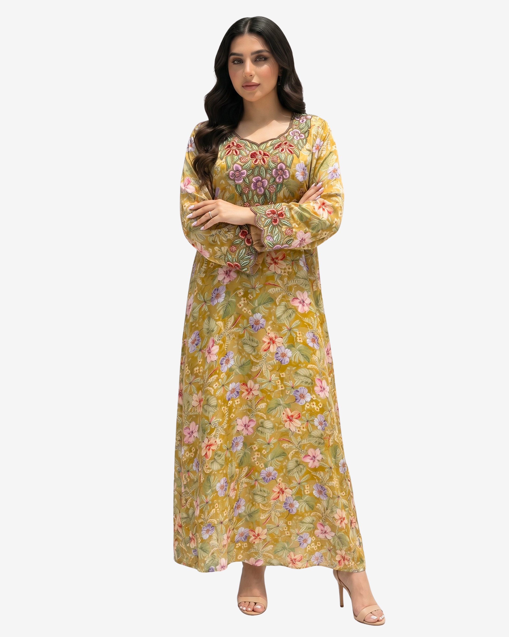Luxury silk Mukhawar with a soft floral print, flowing full-length silhouette, and intricate hand embellishments on the neckline and cuffs.