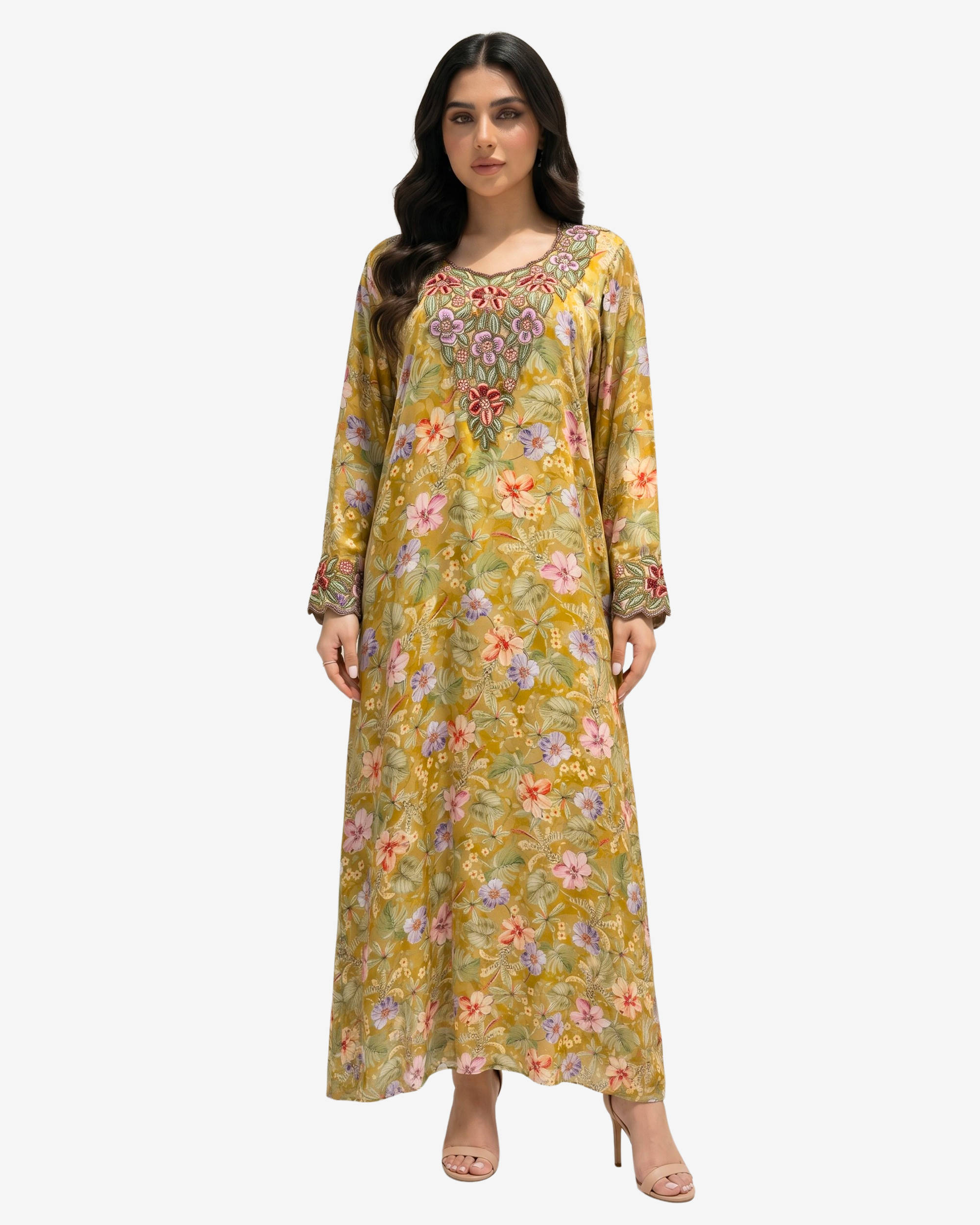 Golden Blossom Hand Embellished Silk Mukhawar by Gharza Couture featuring a full-length floral design with an elegant hand-embellished neckline.