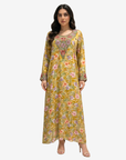 Golden Blossom Hand Embellished Silk Mukhawar by Gharza Couture featuring a full-length floral design with an elegant hand-embellished neckline.