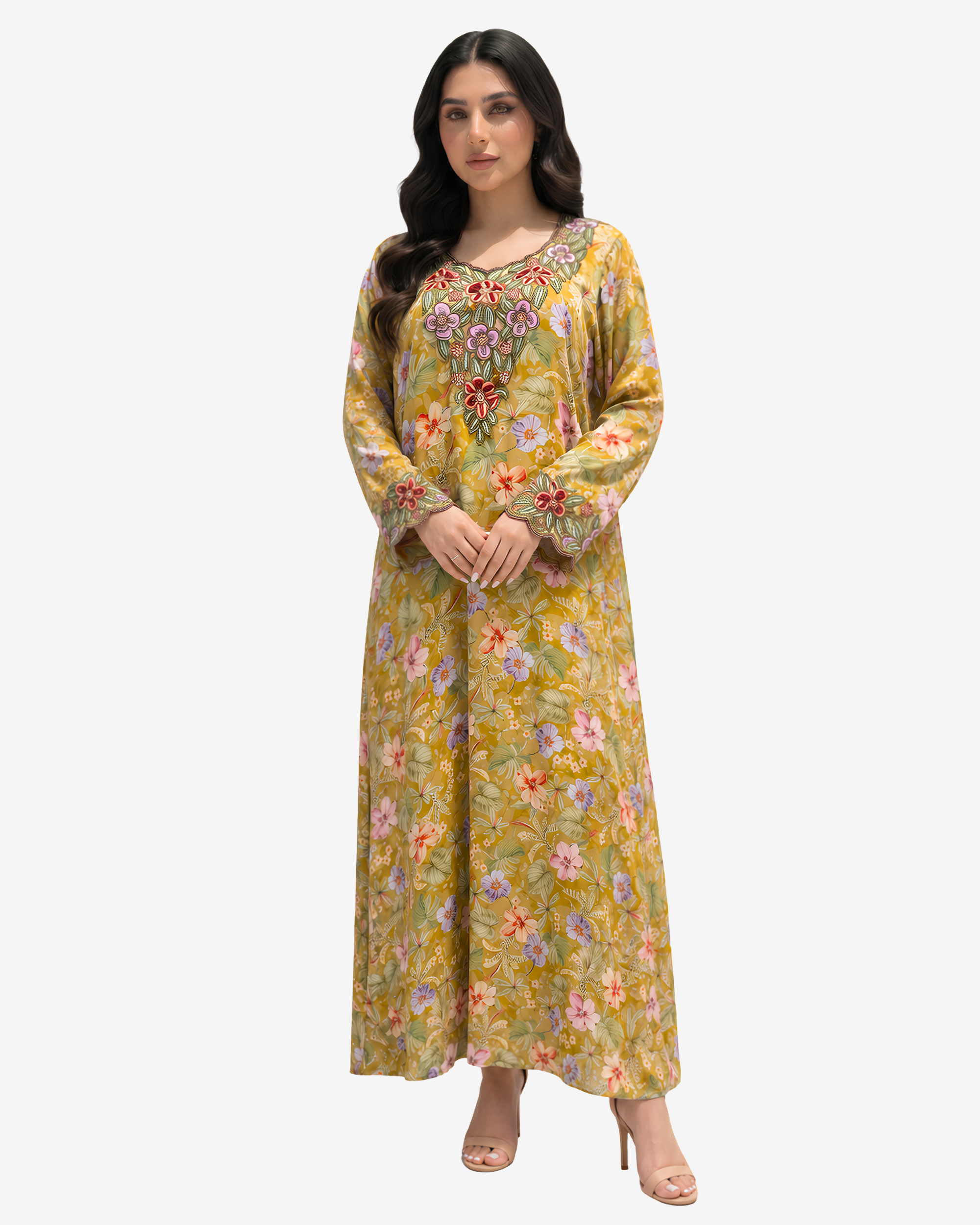 Full-length Golden Blossom Silk Mukhawar showcasing premium silk fabric, floral print, and handcrafted embellishment details.