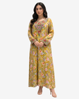 Full-length Golden Blossom Silk Mukhawar showcasing premium silk fabric, floral print, and handcrafted embellishment details.
