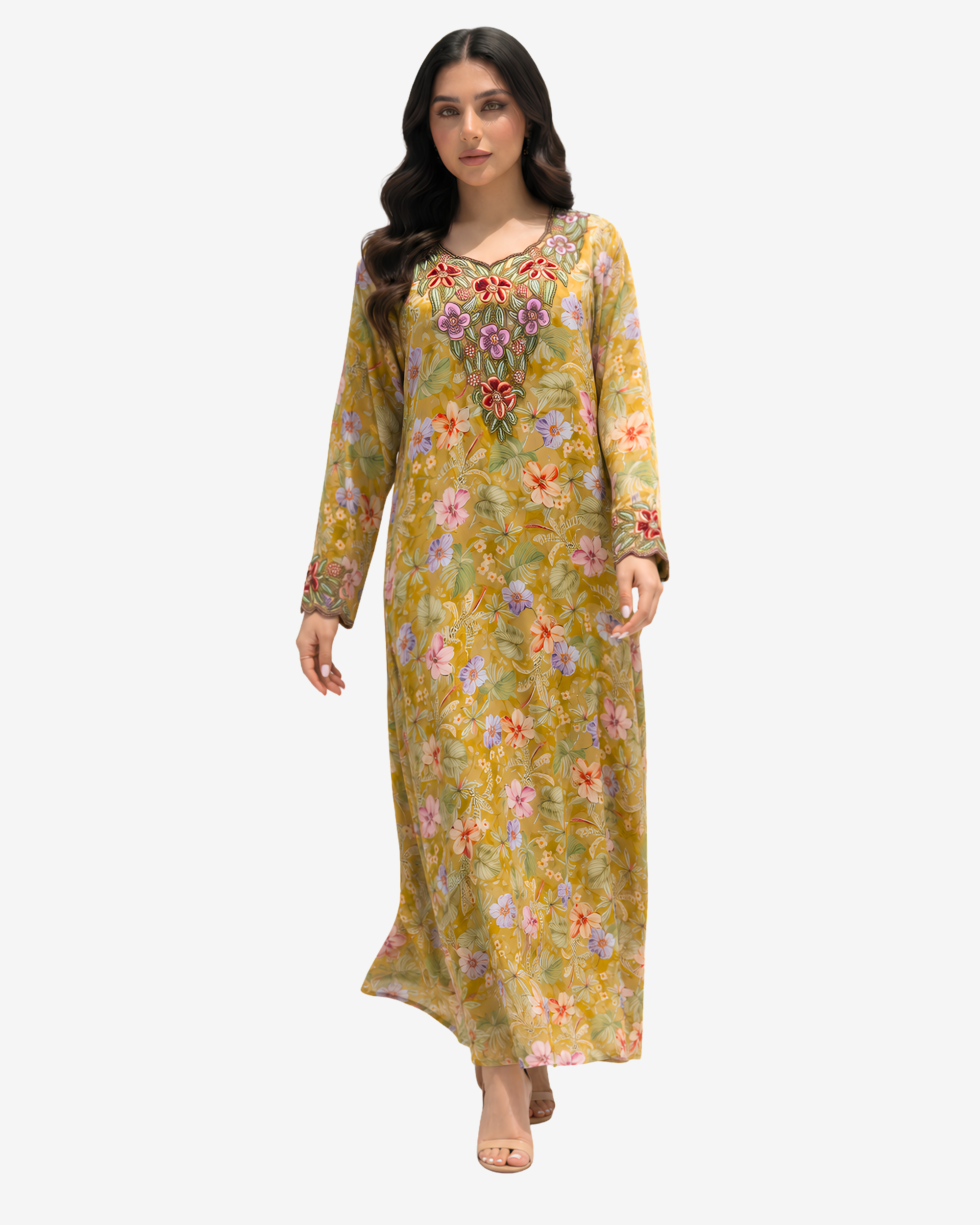 Elegant floral silk Mukhawar with a relaxed modest silhouette, hand-embellished neckline, and luxurious flowing design.