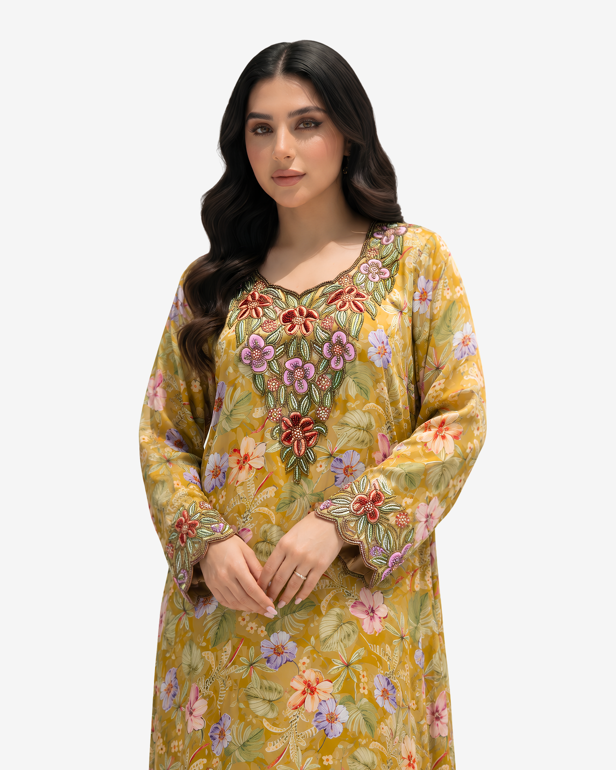 Close-up of the Golden Blossom Hand Embellished Silk Mukhawar highlighting the handcrafted floral embellishments, silk fabric, and elegant neckline.