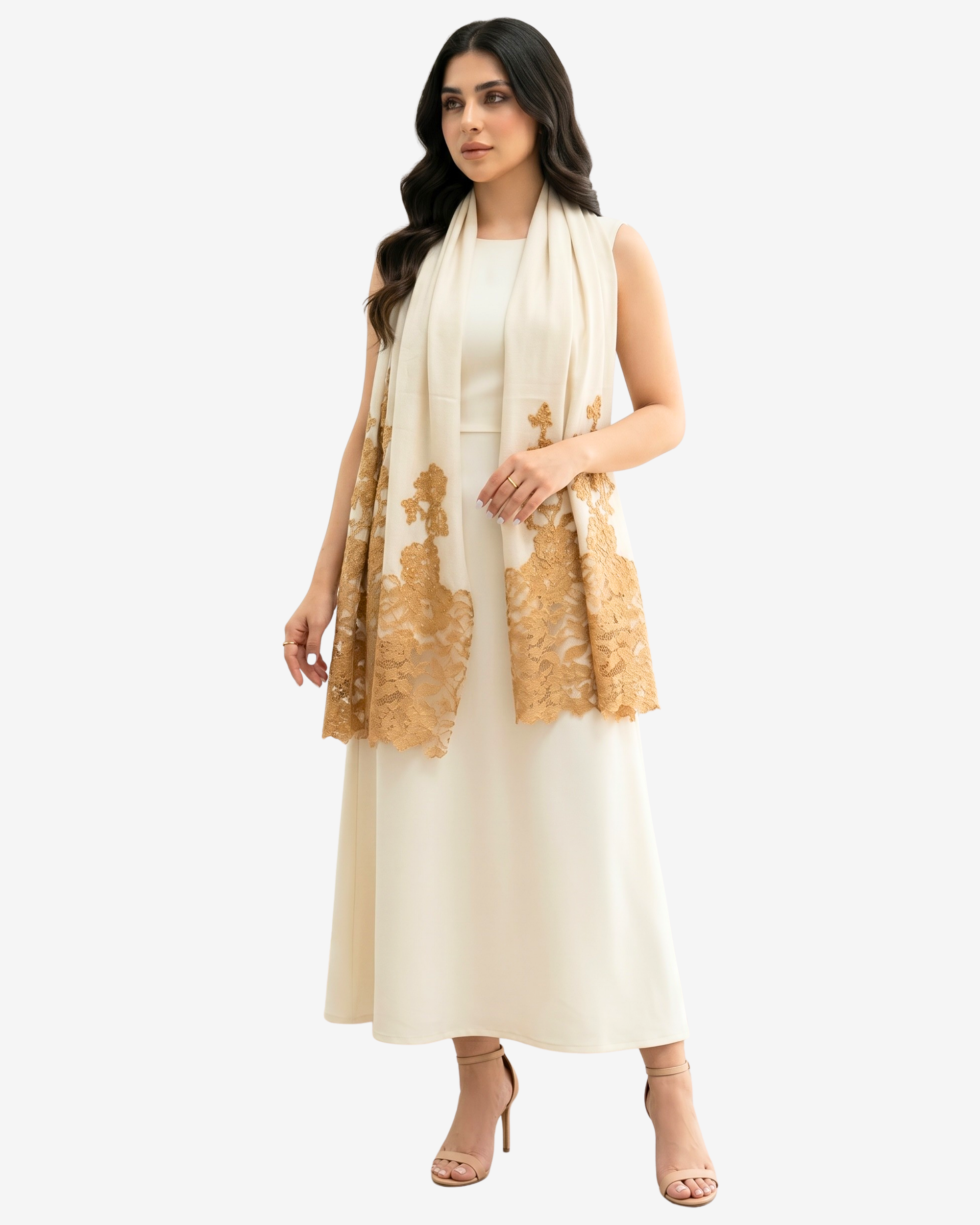 A woman modeling a cream-colored sleeveless dress with a matching draped scarf featuring gold floral lace embroidery, set against a plain light gray background.