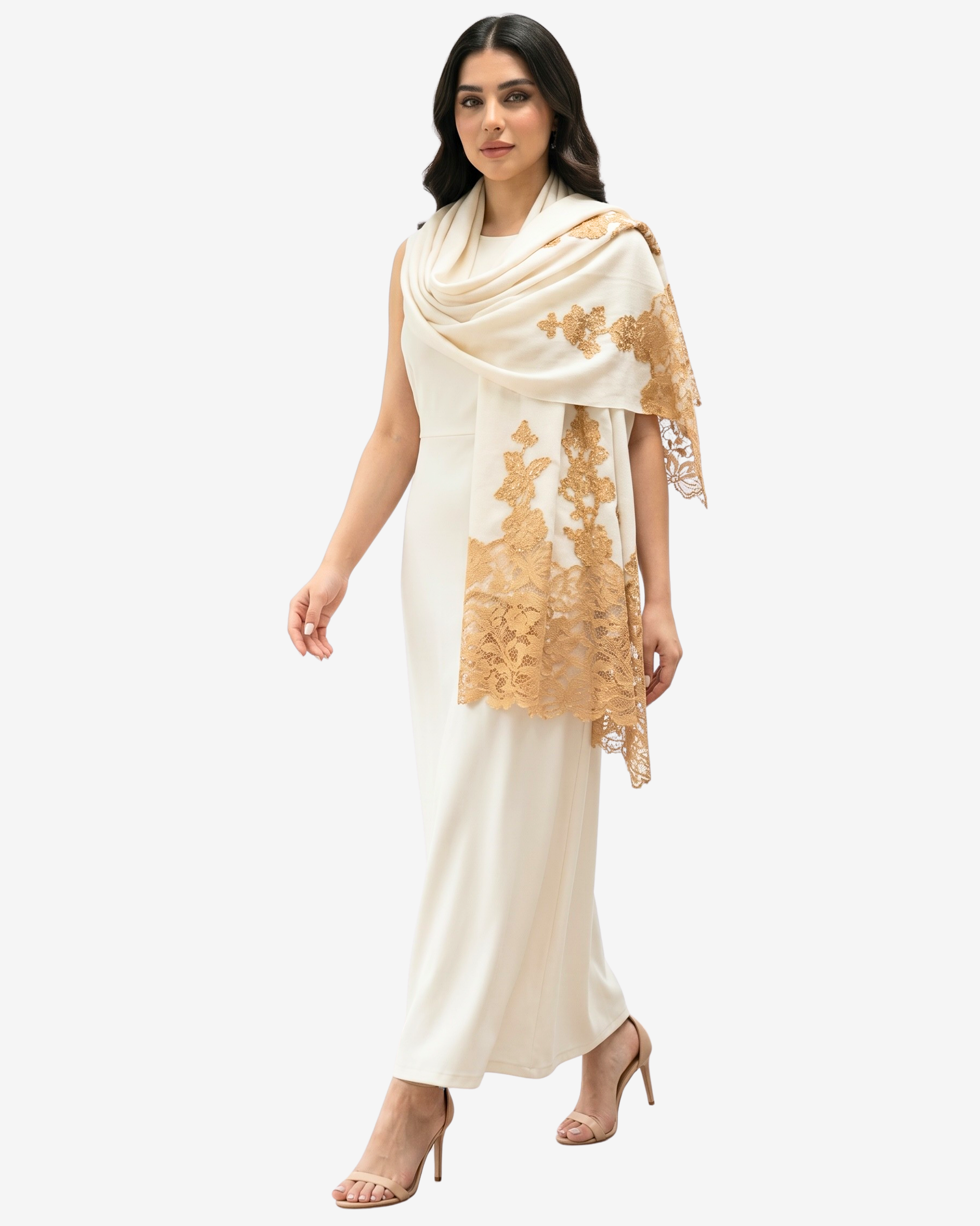 A woman modeling a cream-colored traditional outfit consisting of a long kurta, matching trousers, and a draped dupatta with gold floral lace embroidery, set against a plain light gray background.
