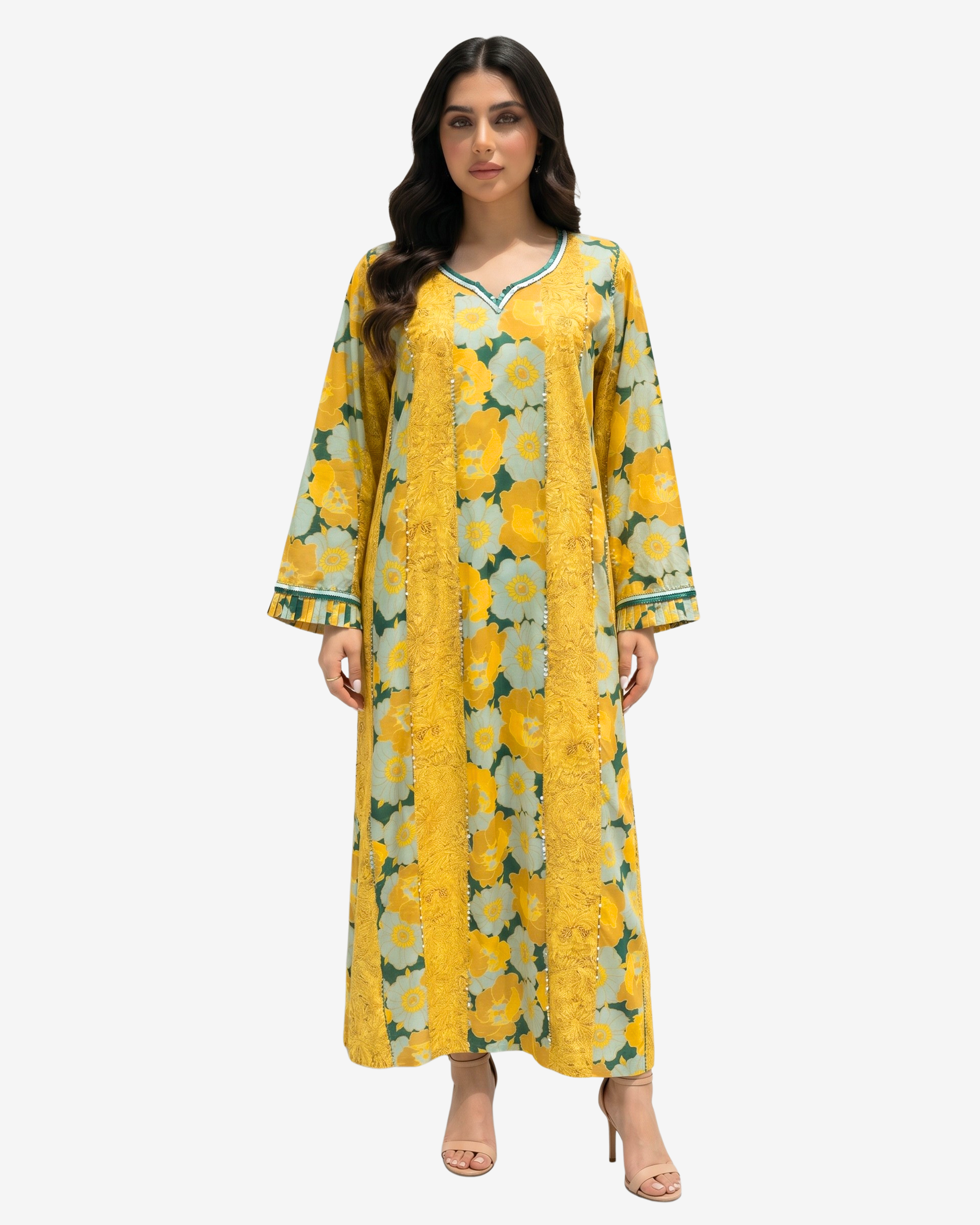 Golden Meadow Hand Embellished Cotton Jalabiya by Gharza Couture featuring a vibrant yellow floral print, handcrafted embellishment and elegant modest silhouette.