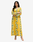 Front view of the Golden Meadow Hand Embellished Cotton Jalabiya crafted from premium cotton with floral print and luxury hand embellished details.