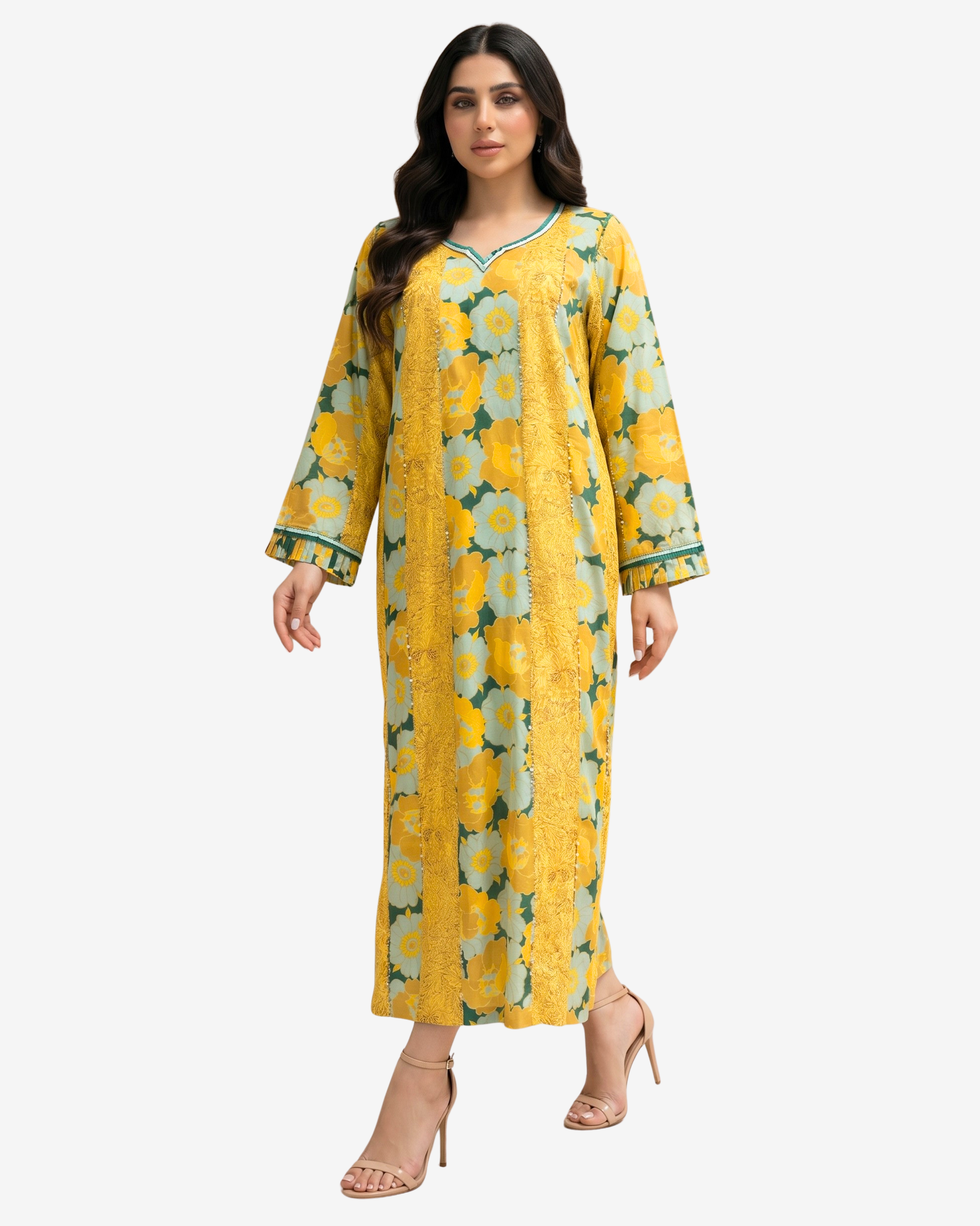 Luxury Golden Meadow cotton jalabiya with hand embellished front panels, yellow floral print and flowing full-length modest design by Gharza Couture.
