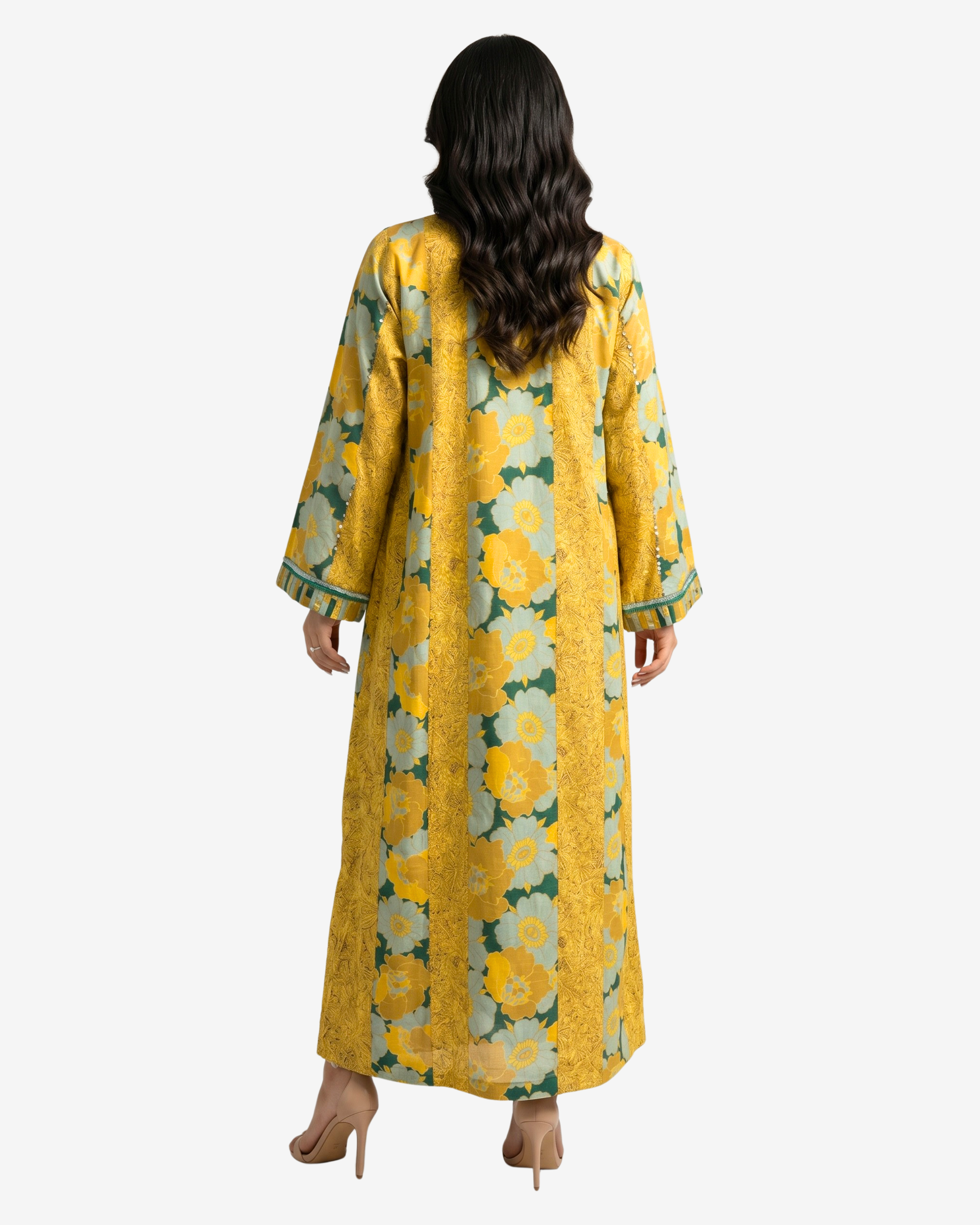 Back view of the Golden Meadow Hand Embellished Cotton Jalabiya showcasing breathable premium cotton fabric and elegant full-length silhouette.
