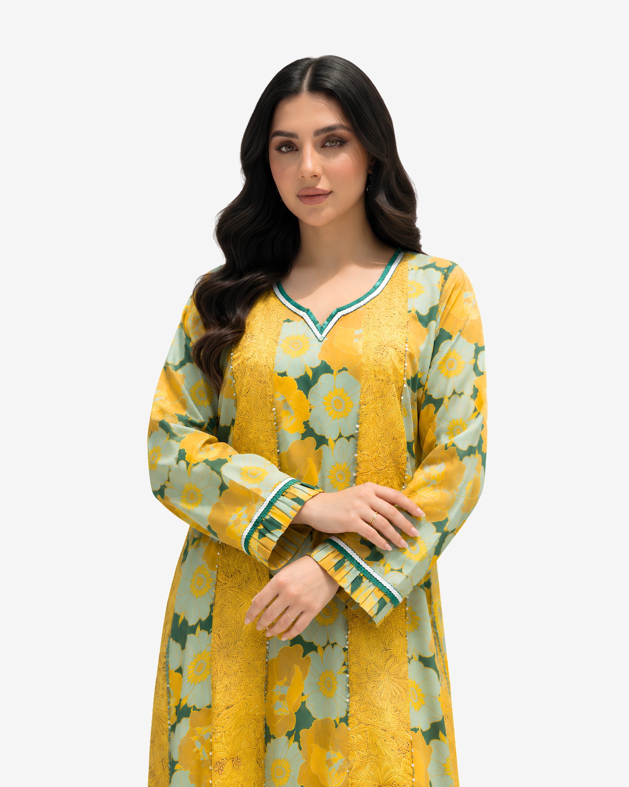 Close-up of the Golden Meadow Hand Embellished Cotton Jalabiya featuring intricate handcrafted embellishment, V-neckline and premium floral cotton fabric.