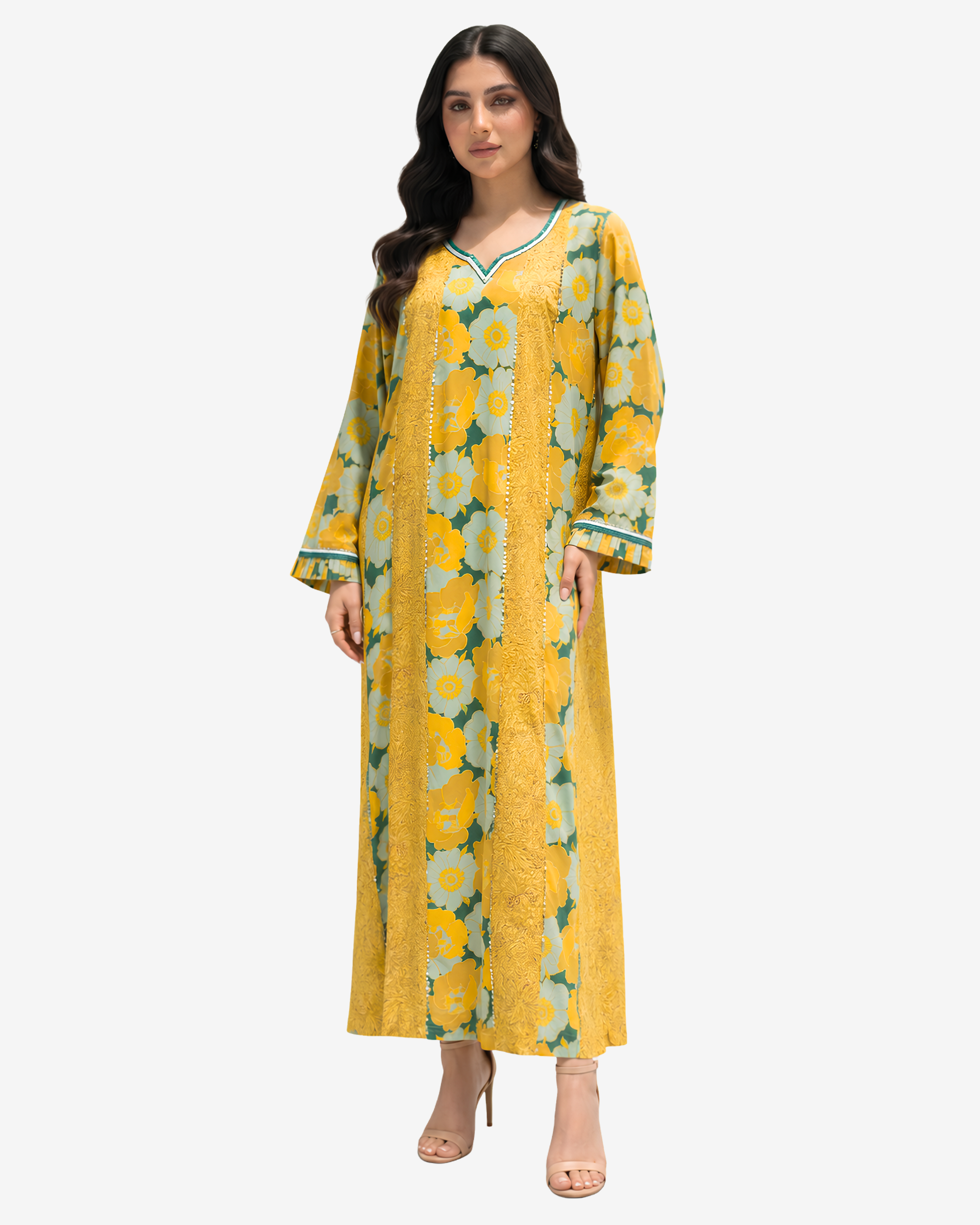 Side view of the Golden Meadow Hand Embellished Cotton Jalabiya highlighting handcrafted embellishment, botanical floral pattern and graceful modest fit.