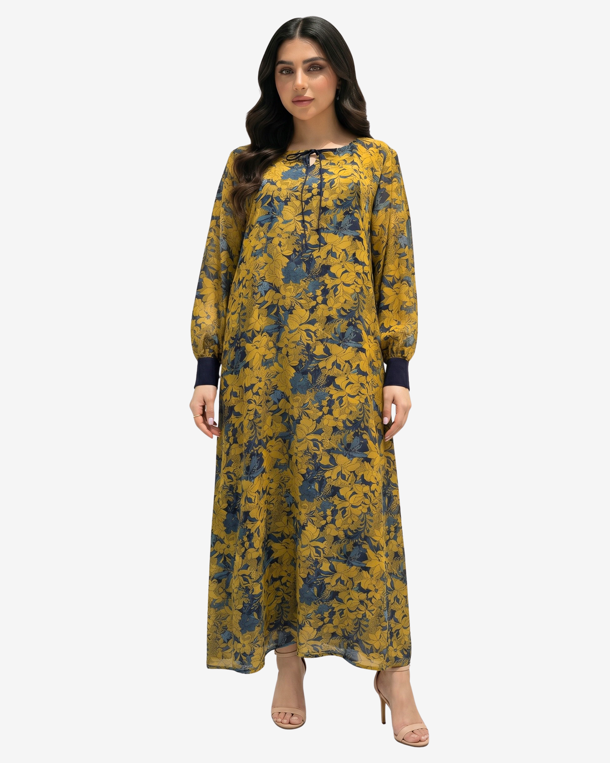 Golden Meadow Tie Neck Cotton Chiffon Dress by Gharza Couture featuring a full-length modest silhouette with a vibrant floral print.