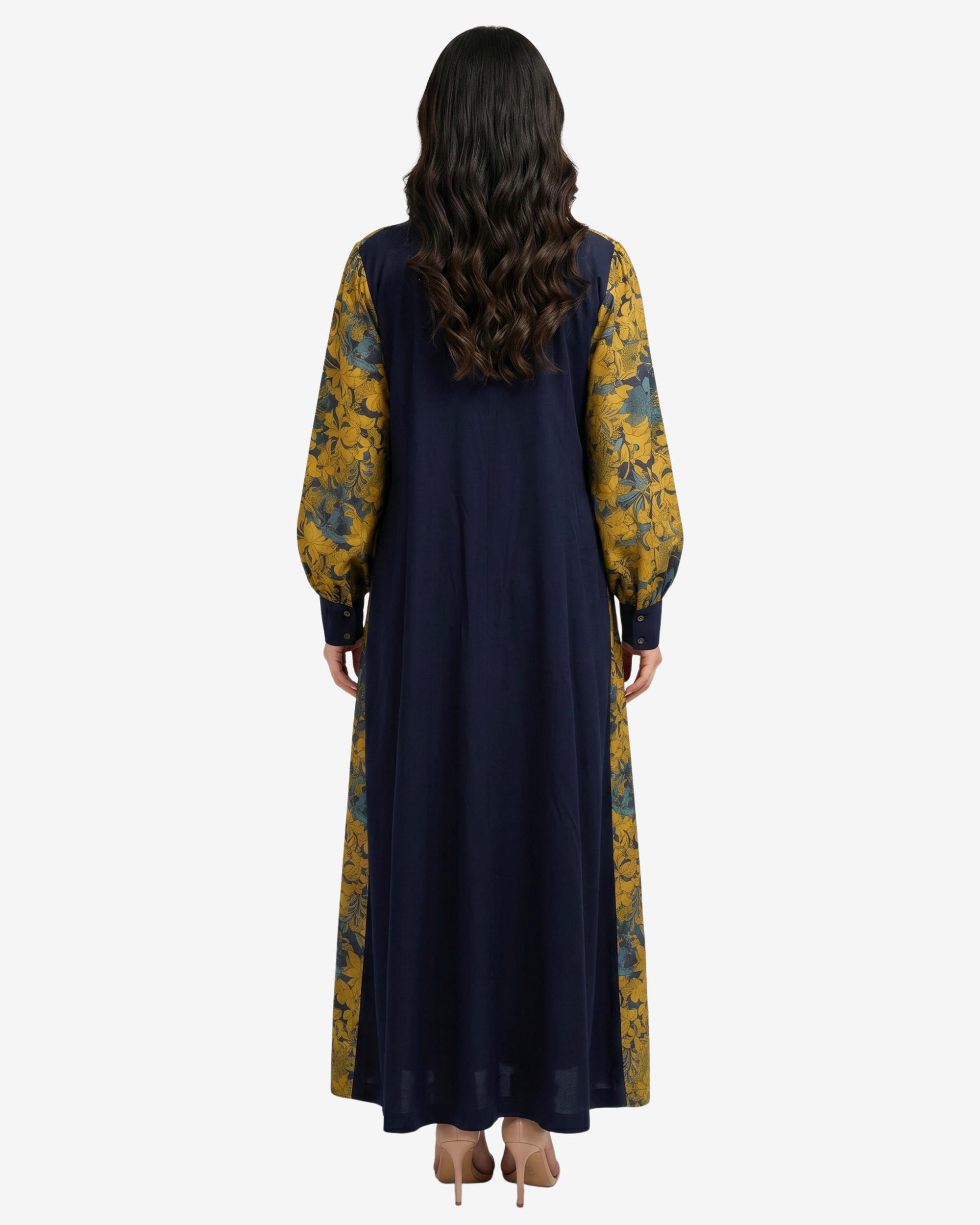 Back view of the Golden Meadow Tie Neck Cotton Chiffon Dress showcasing the flowing chiffon overlay and contrasting cotton back panel.