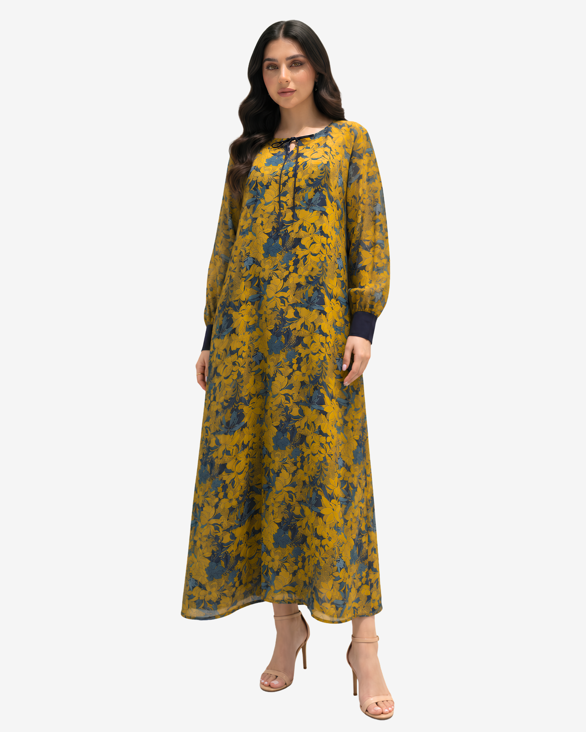 Full-length Golden Meadow Cotton Chiffon Dress featuring a soft cotton lining, lightweight chiffon overlay, and graceful floral design.