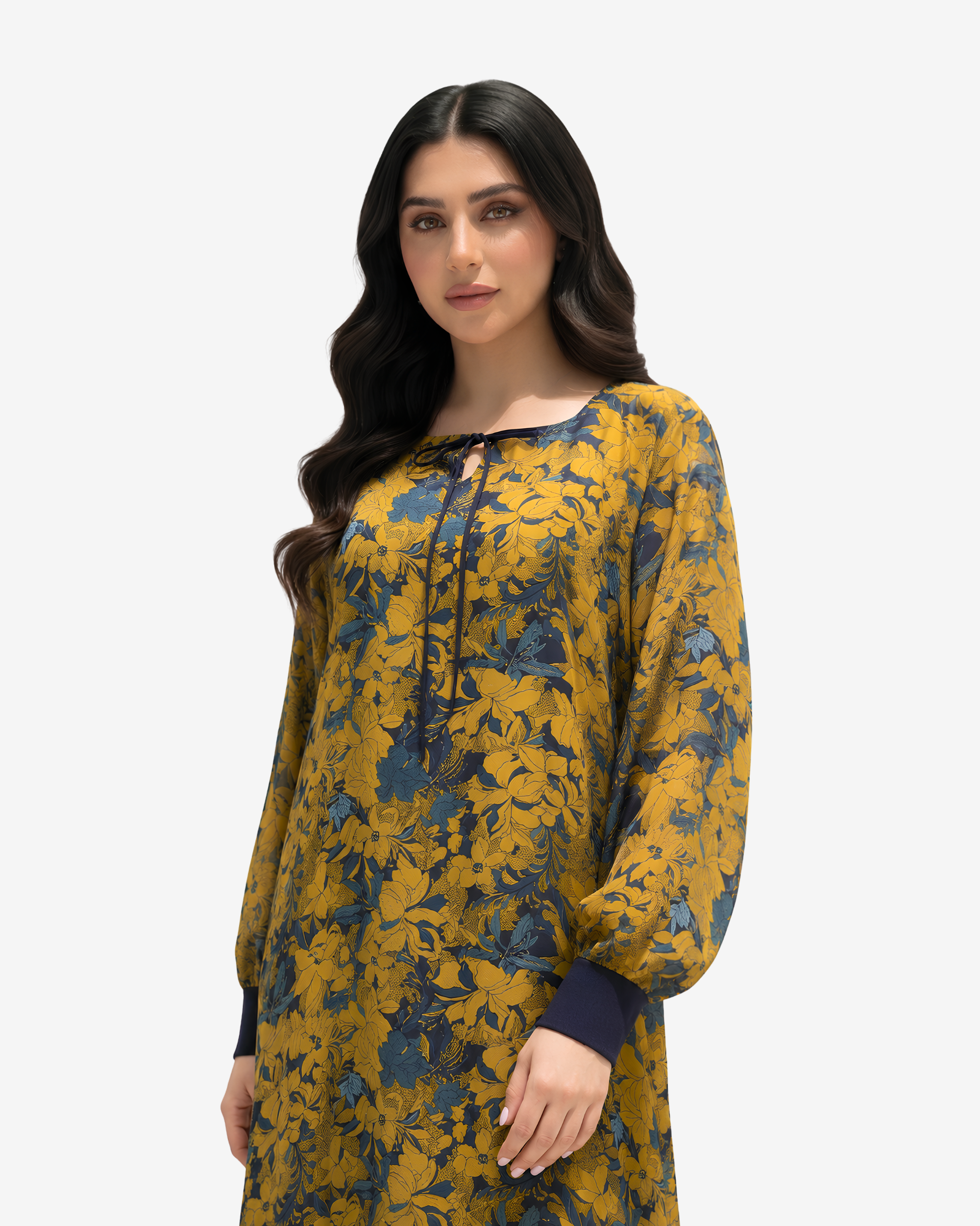 Close-up of the Golden Meadow Tie Neck Cotton Chiffon Dress highlighting the tie neckline, floral print, and lightweight chiffon fabric.