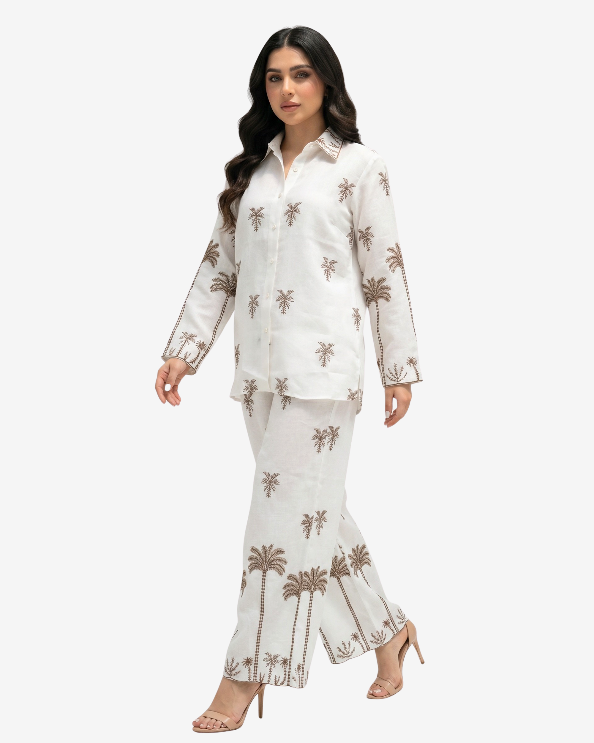 Women's Golden Oasis Linen Blend Co-ord Set in a flowing silhouette with palm-inspired print and wide-leg trousers