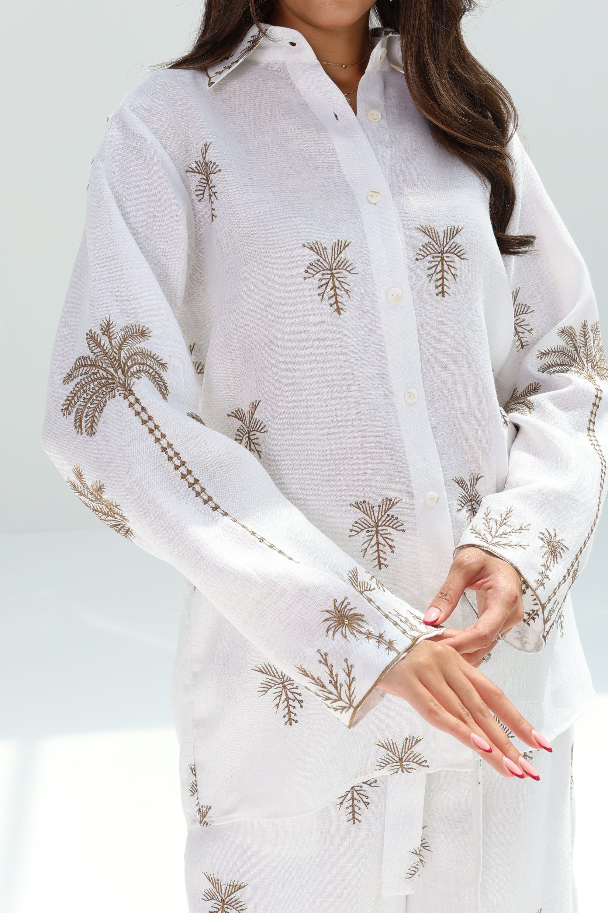 Premium linen blend fabric with delicate palm print on the Golden Oasis Co-ord Set by Gharza Couture