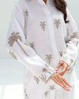 Premium linen blend fabric with delicate palm print on the Golden Oasis Co-ord Set by Gharza Couture