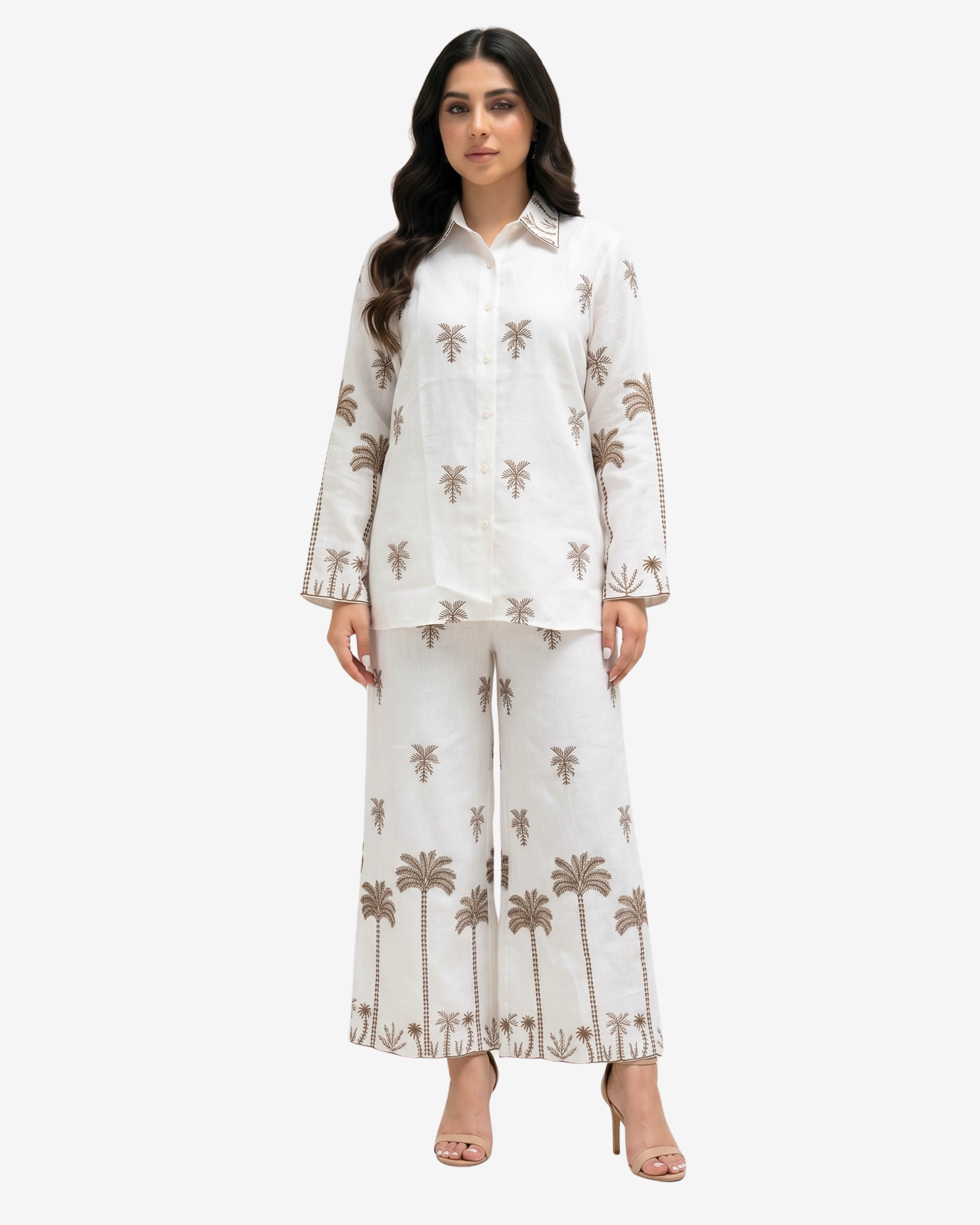 Golden Oasis Linen Blend Co-ord Set featuring a white button-down shirt and wide-leg pants with elegant palm print by Gharza Couture
