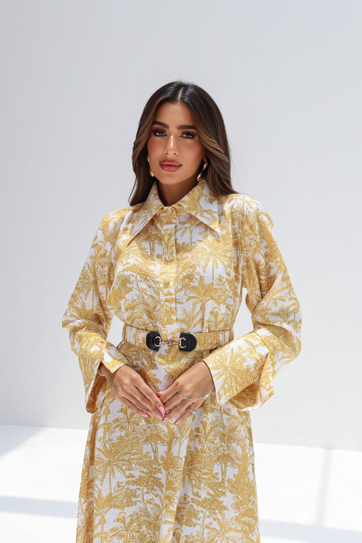 Golden Palm Buckle Belt Linen Blend Dress with yellow and ivory palm print, front view