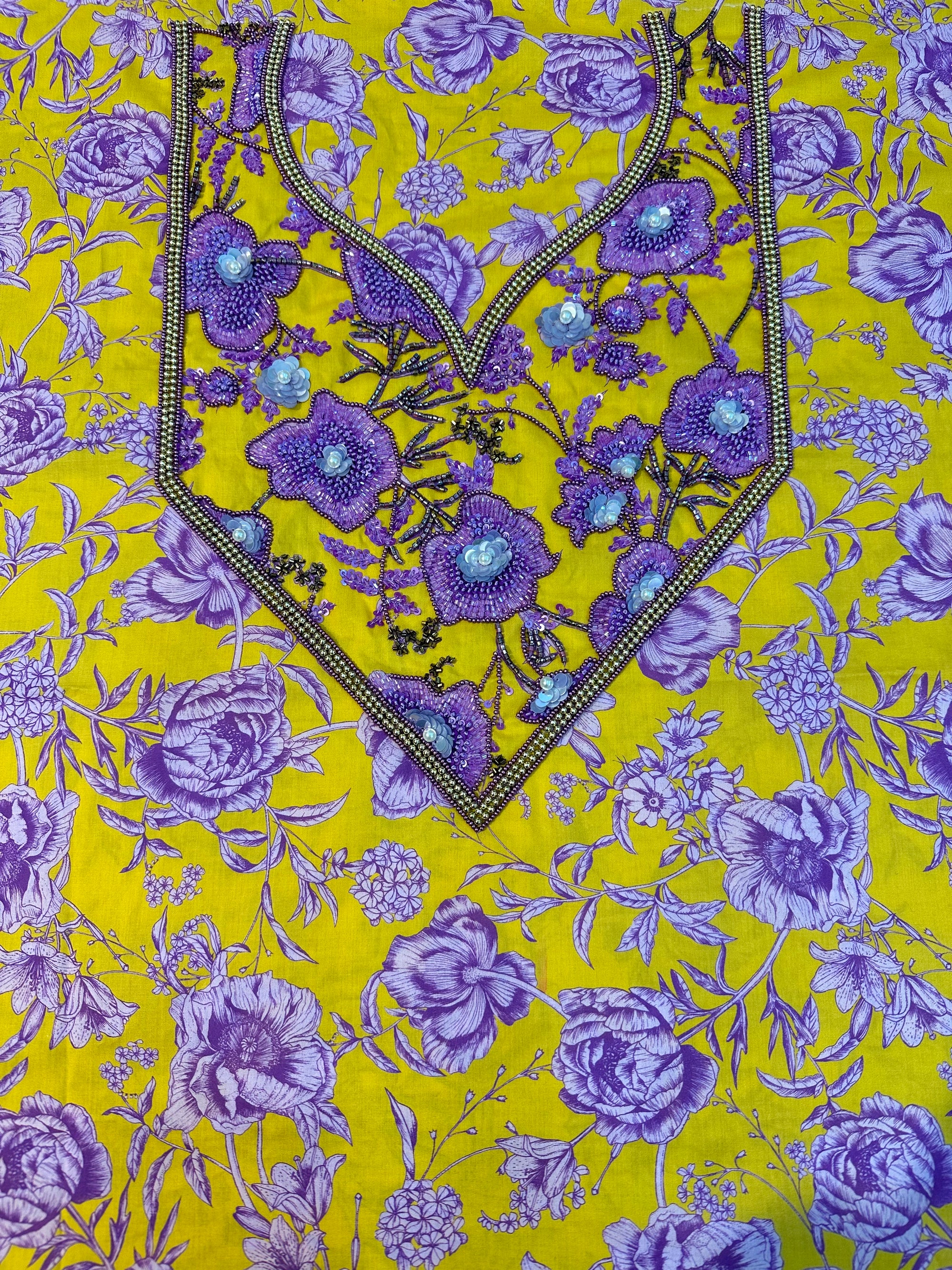 Golden Violet Liberty Cotton Mukhawar featuring premium Liberty cotton with a hand-embellished neckline and vibrant violet floral print by Gharza Couture.