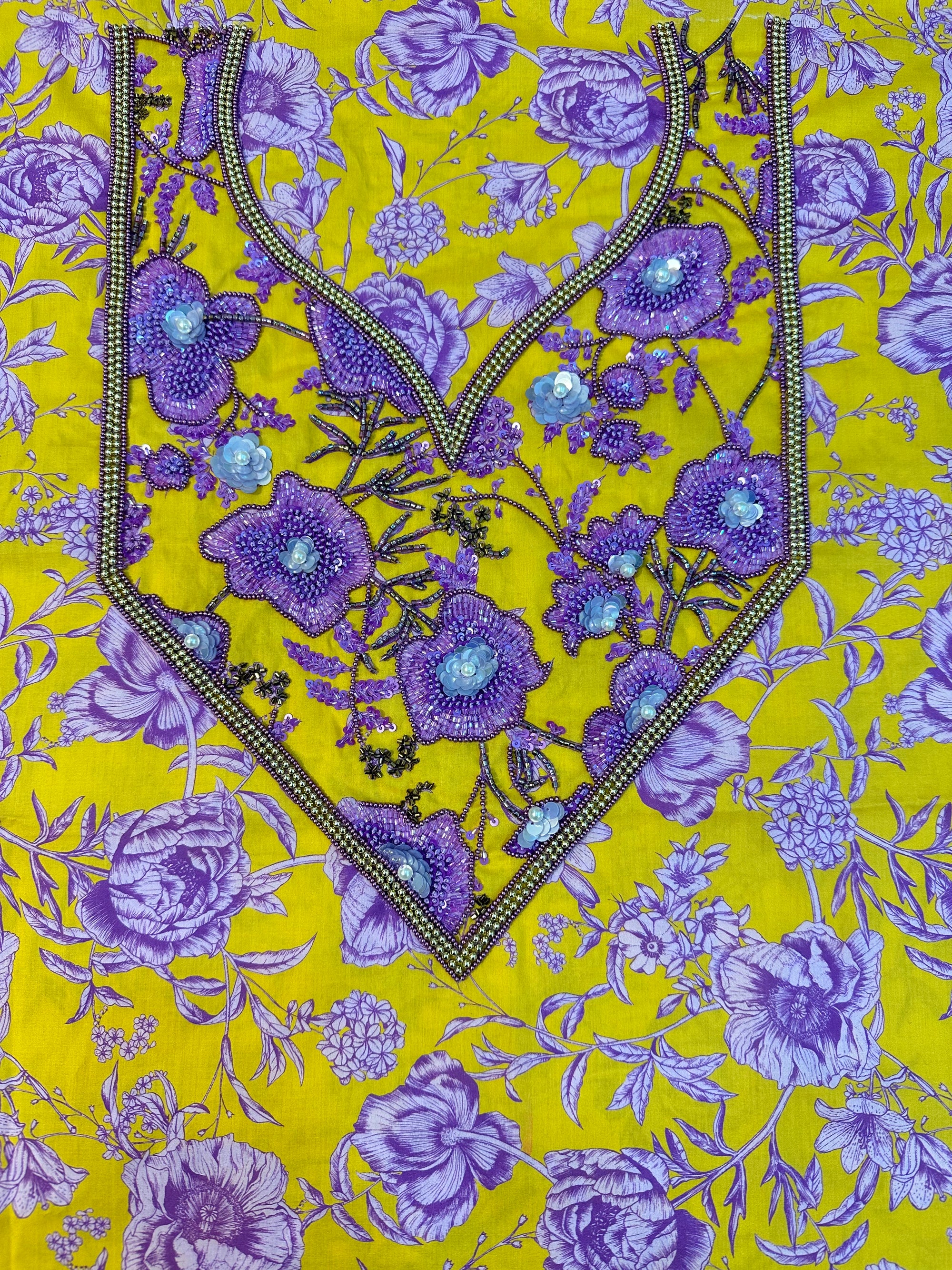 Close-up of the hand-embellished neckline on the Golden Violet Liberty Cotton Mukhawar showcasing intricate beadwork on premium Liberty cotton fabric.