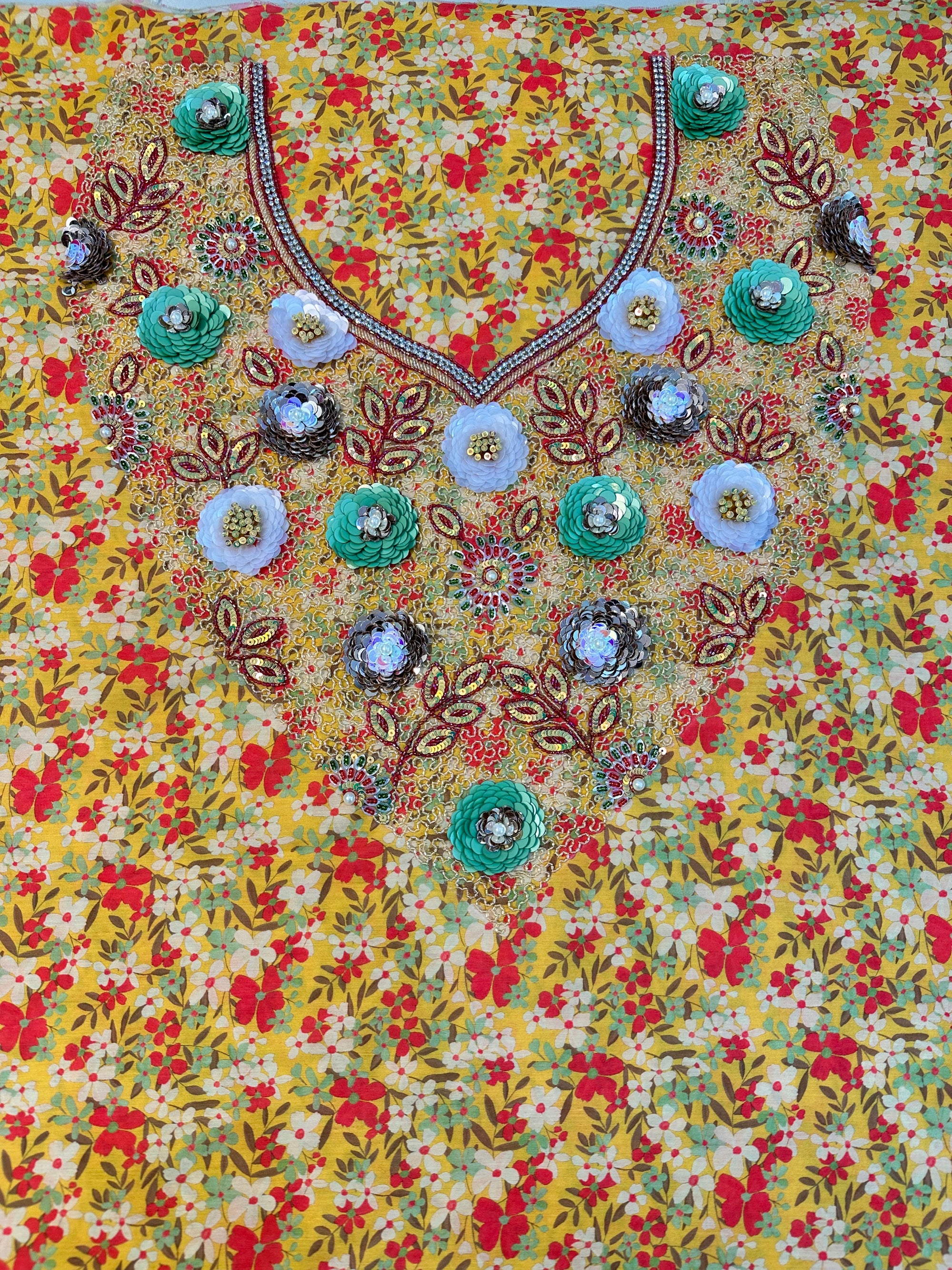 Golden Wildflower Cotton Mukhawar featuring premium printed cotton with a luxurious hand-embellished neckline and vibrant wildflower print by Gharza Couture.