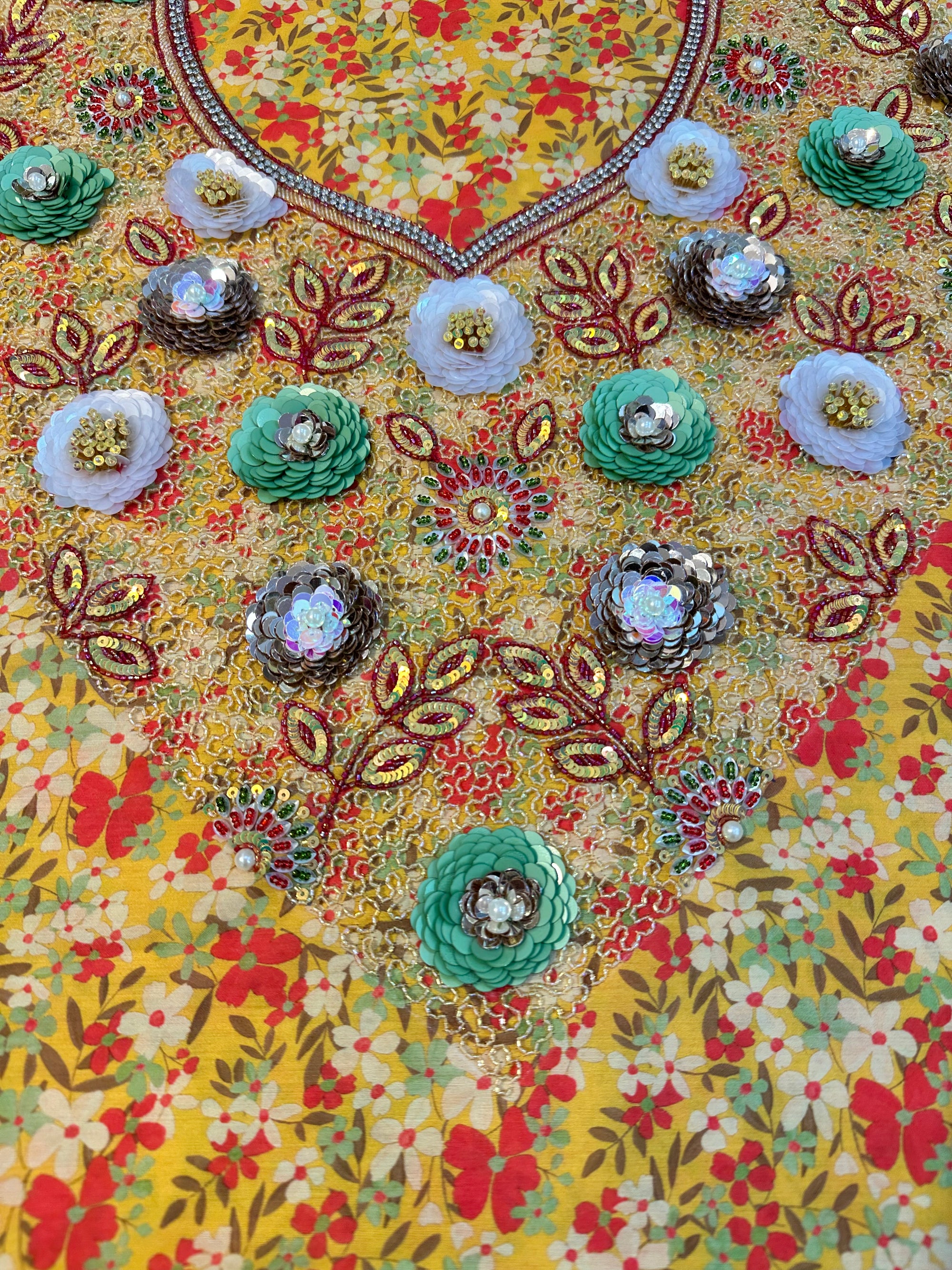 Close-up of the hand-embellished neckline on the Golden Wildflower Cotton Mukhawar showcasing intricate crystal and bead detailing on premium printed cotton fabric.