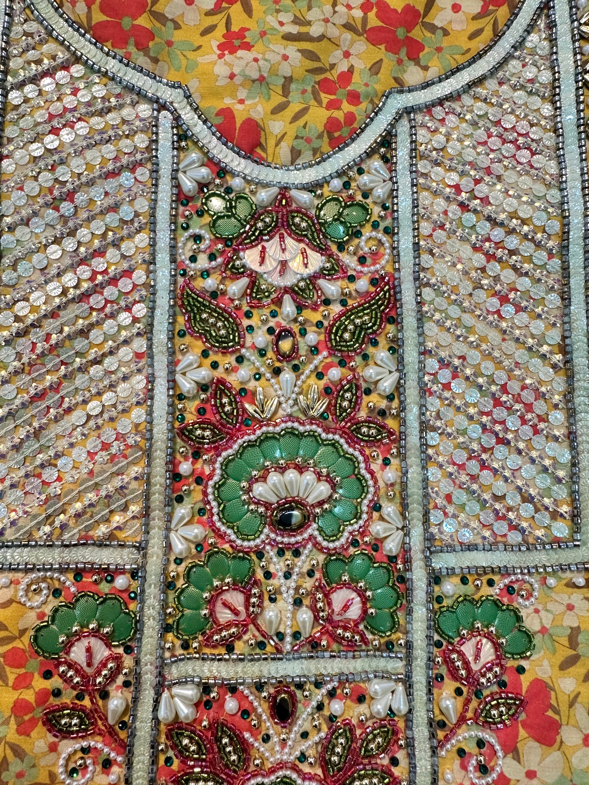 Close-up of the embroidered front panel on the Golden Wildflower Cotton Mukhawar showcasing intricate detailing on premium cotton fabric.