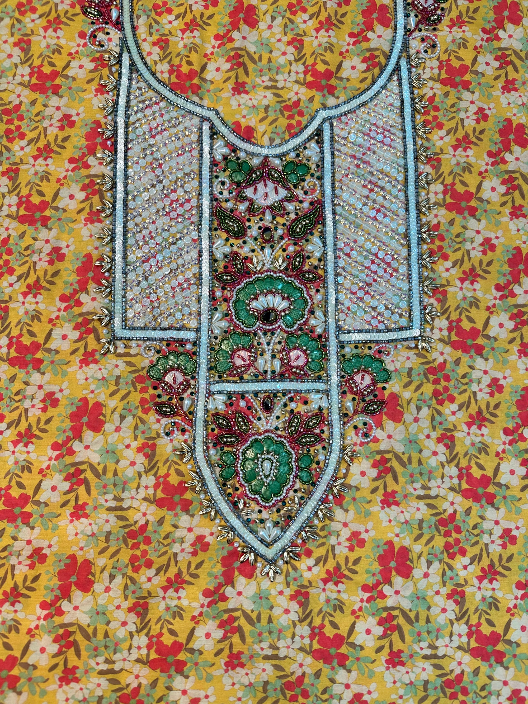 Golden Wildflower Cotton Mukhawar featuring premium cotton with an embroidered front panel and vibrant wildflower print by Gharza Couture.