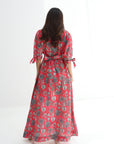 Adjustable waist belt on Coral Oasis Hand Embellished Linen Blend Dress