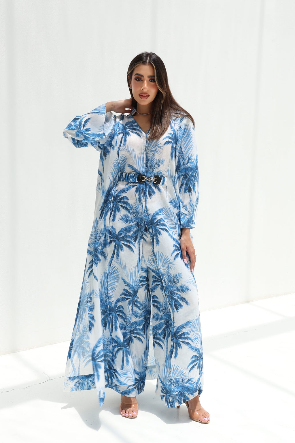 Nakheel Al Bahr — Blue Palm Print Linen Abaya Set