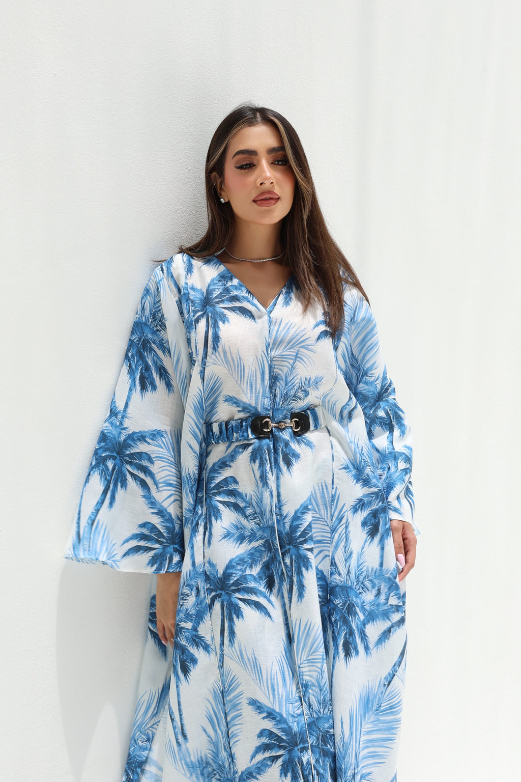 Nakheel Al Bahr — Blue Palm Print Linen Abaya Set