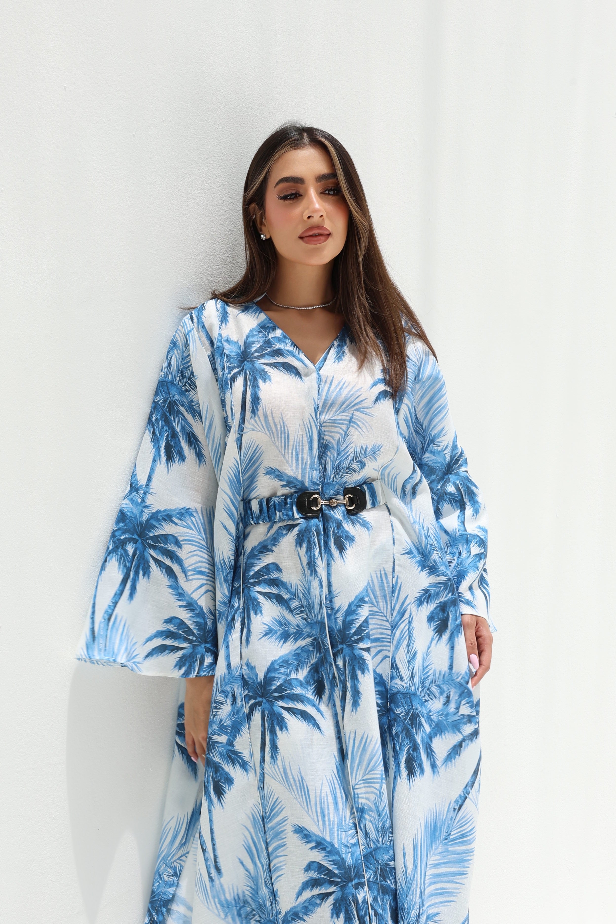 Nakheel Al Bahr — Blue Palm Print Linen Abaya Set