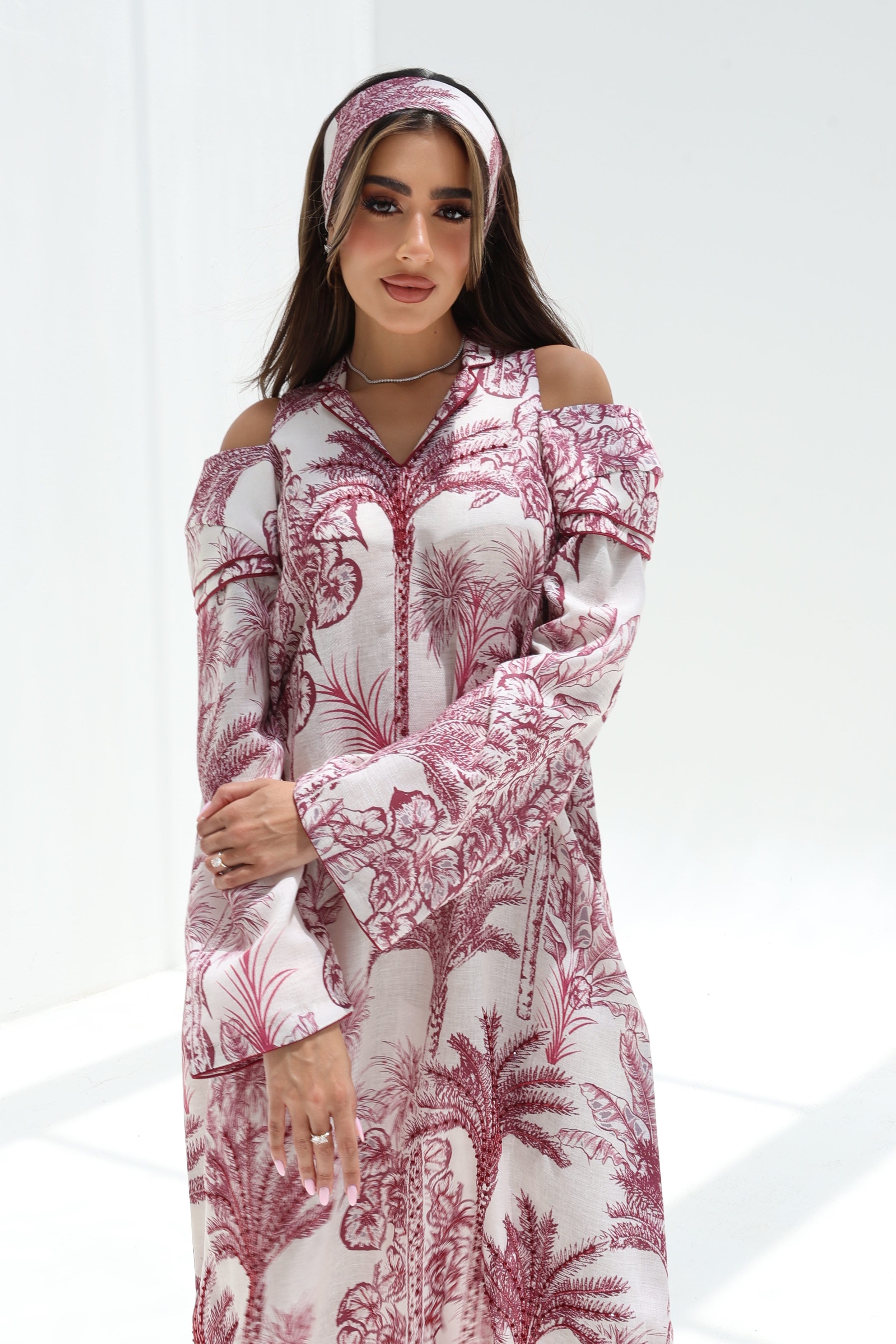 Ghaba — L184 — Jungle Palm Toile Linen Jalabiya with Embroidery