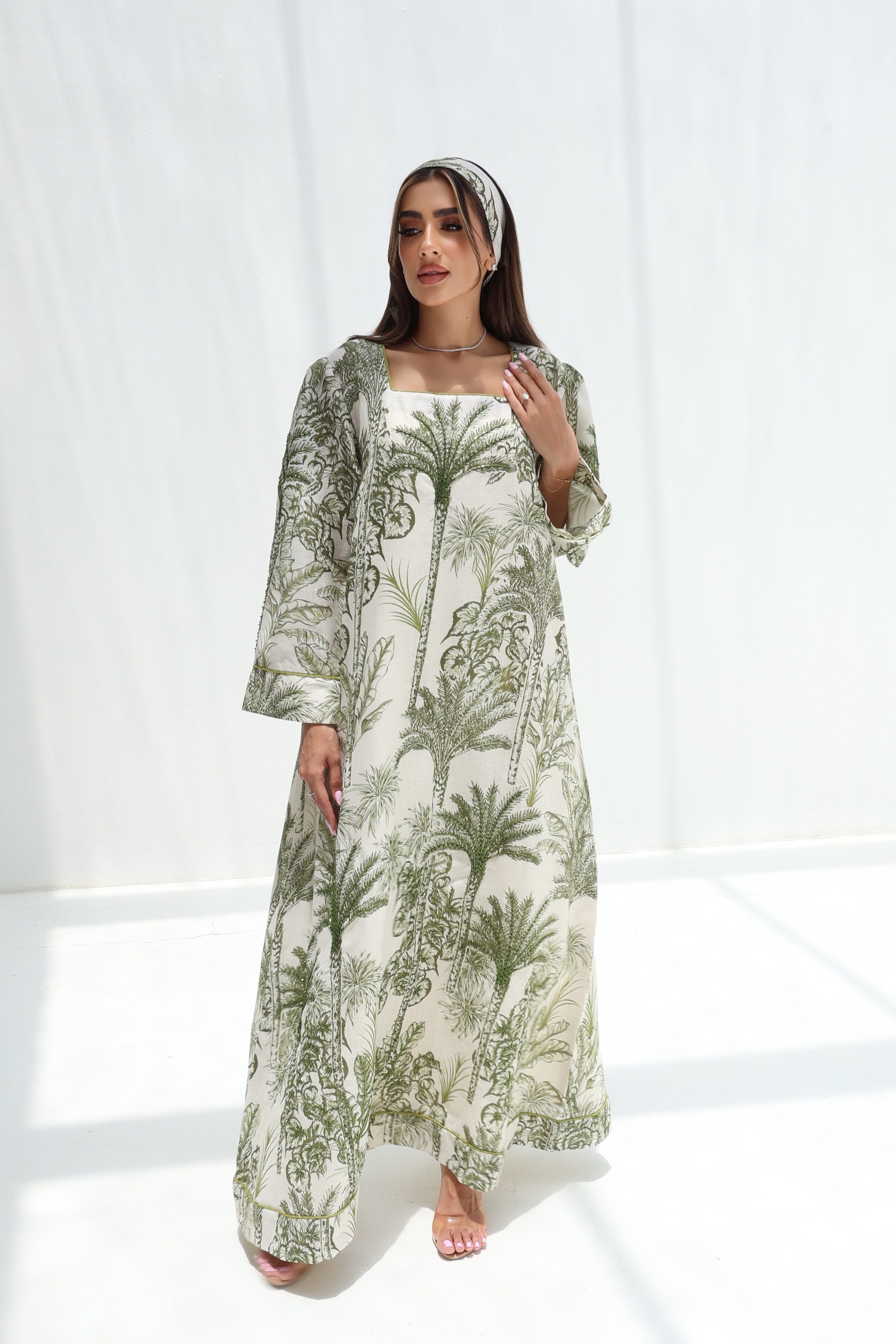 Zuhour — L193 — Jungle Palm Toile Linen Jalabiya with Embroidery