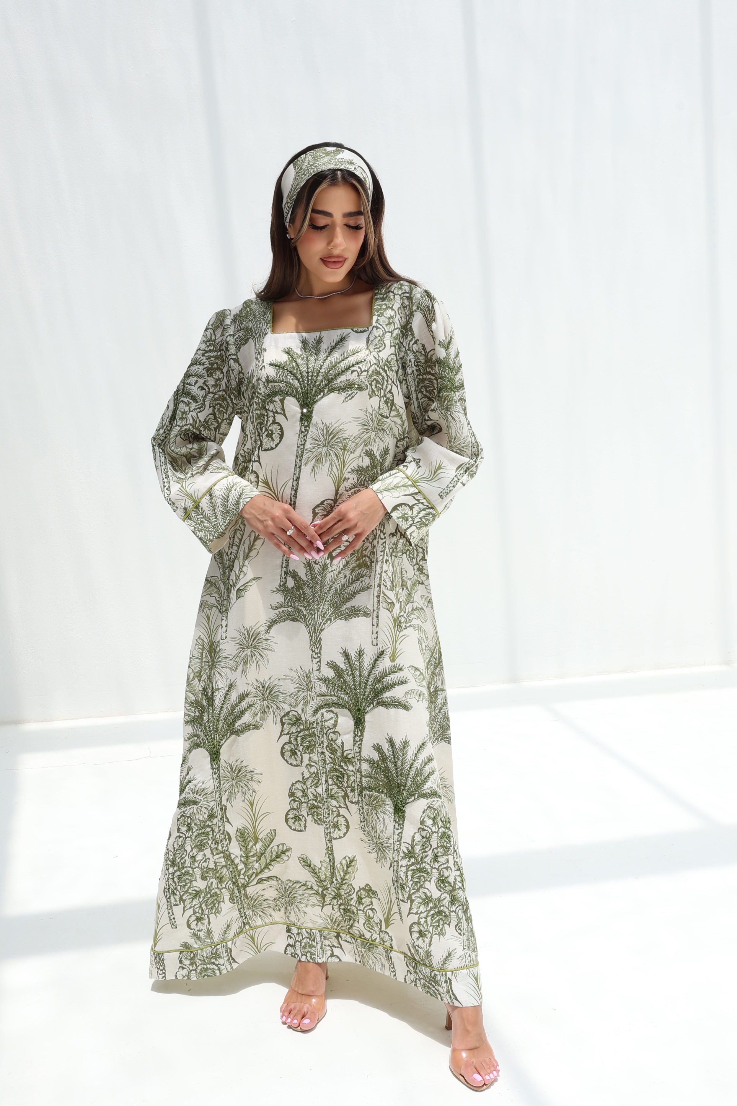 Zuhour — L193 — Jungle Palm Toile Linen Jalabiya with Embroidery