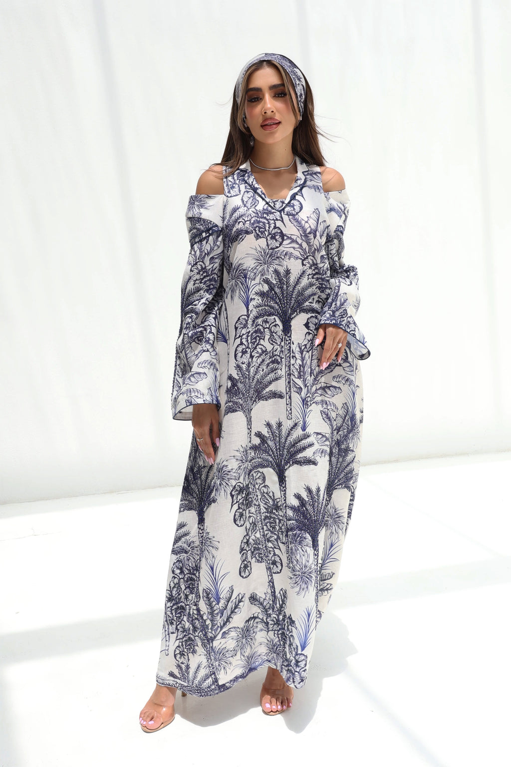 Ghaba — L184 — Jungle Palm Toile Linen Jalabiya with Embroidery