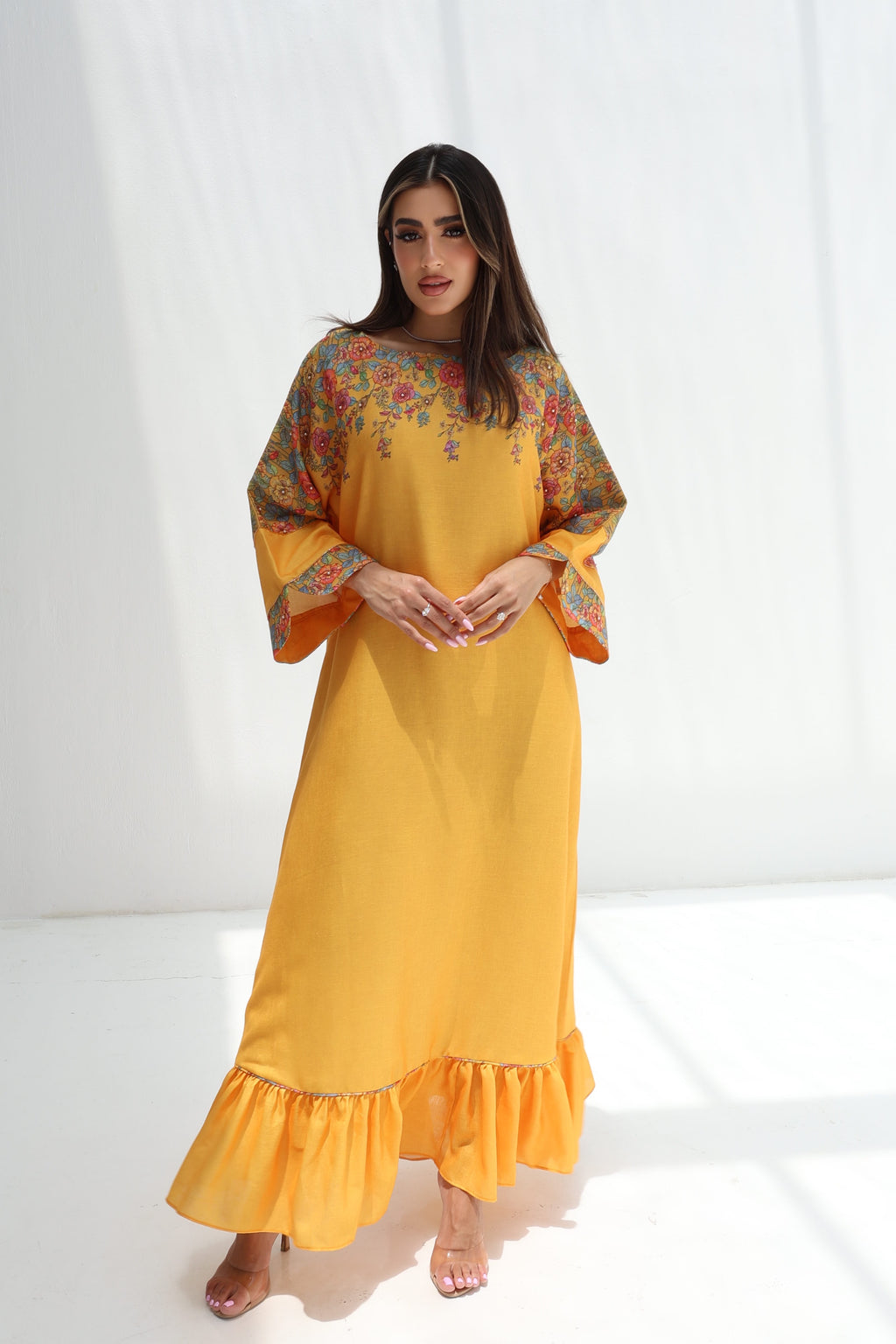 Shamsa — L194 — Sunshine Yellow Floral Yoke Linen Jalabiya