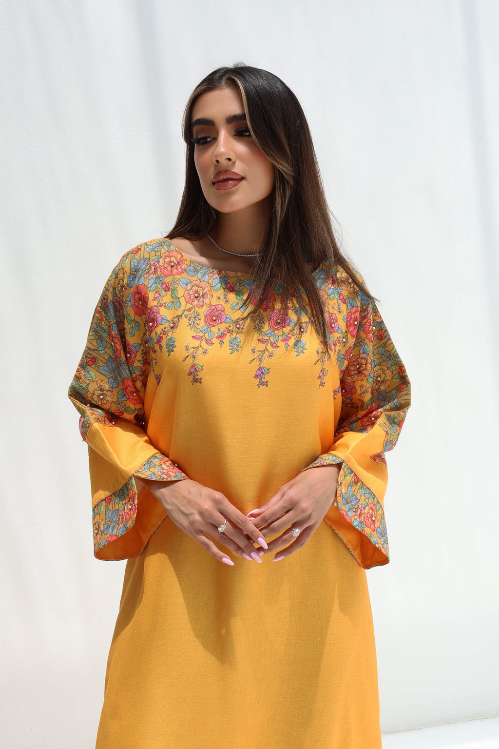 Shamsa — L194 — Sunshine Yellow Floral Yoke Linen Jalabiya