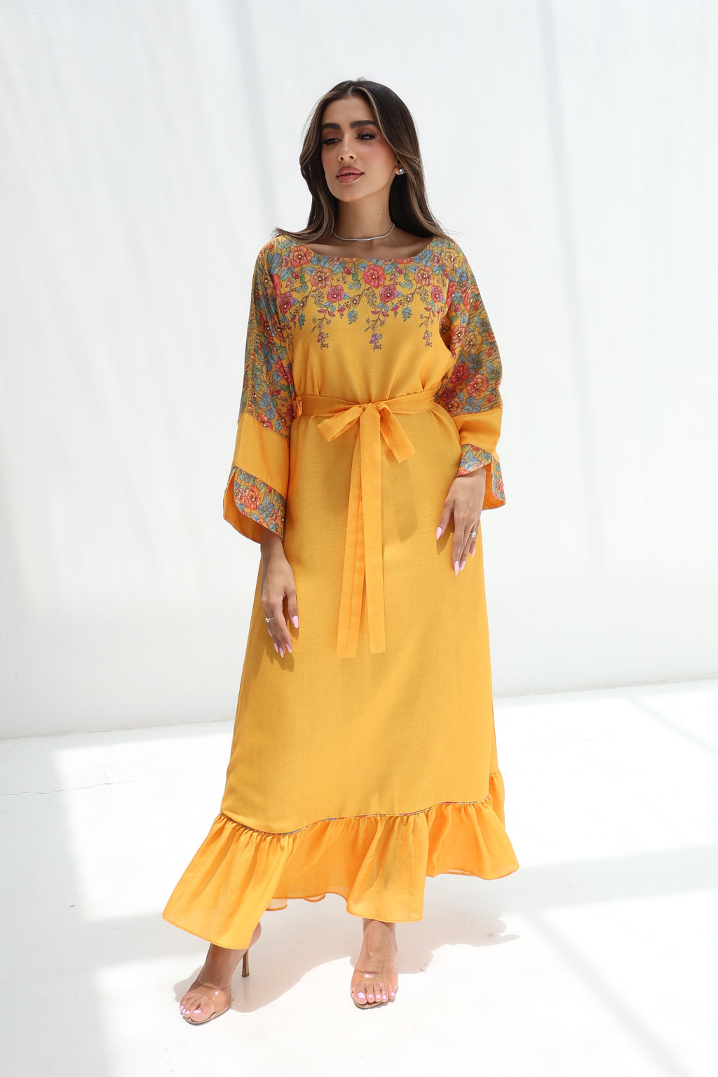 Shamsa — L194 — Sunshine Yellow Floral Yoke Linen Jalabiya