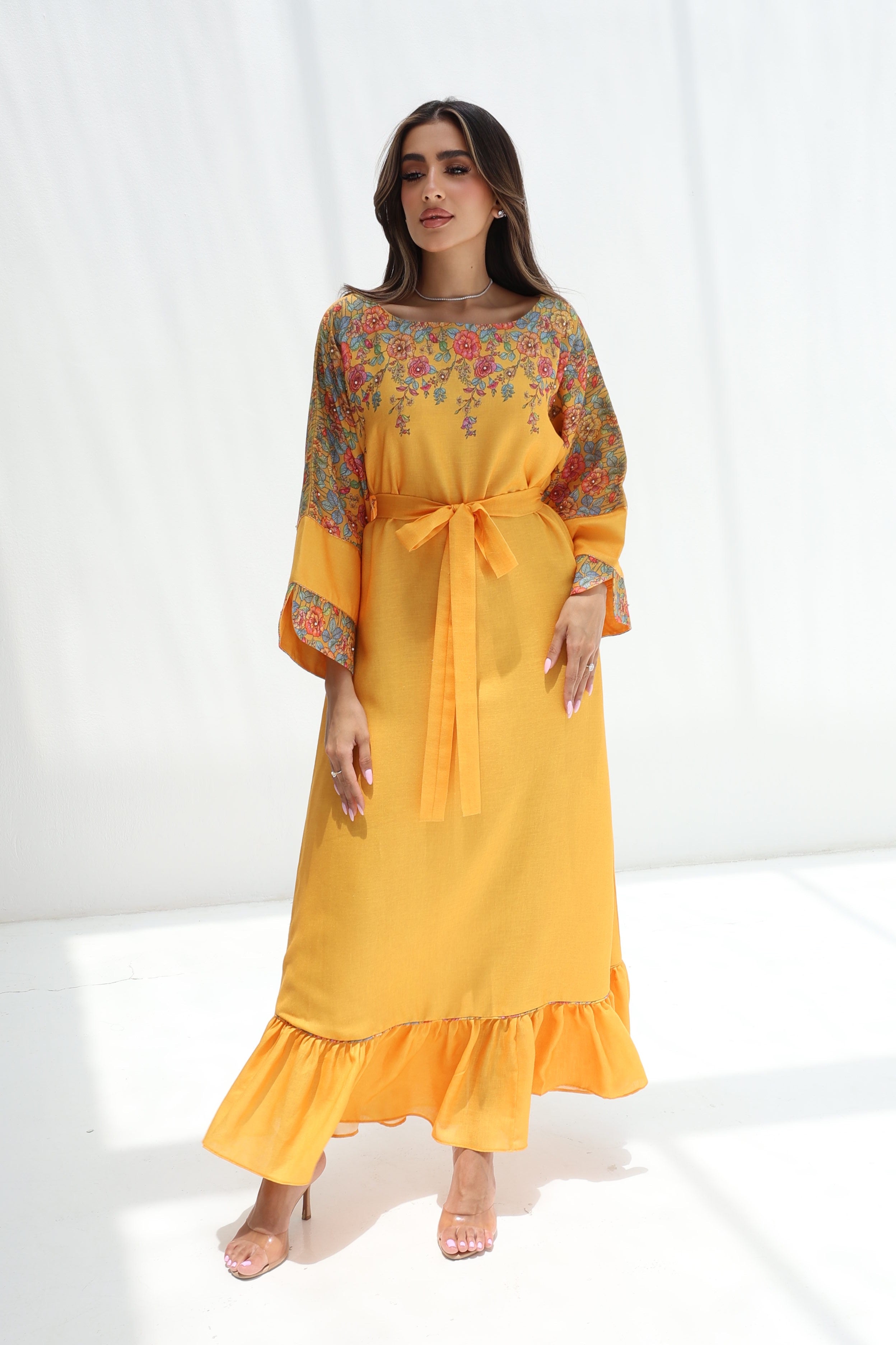 Shamsa — L194 — Sunshine Yellow Floral Yoke Linen Jalabiya