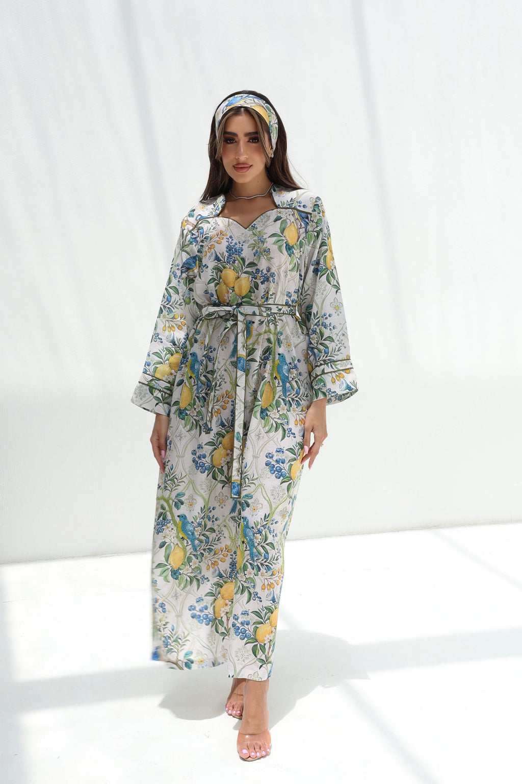 Bustaan — L197 — Lemon Garden Bird Print Belted Linen Jalabiya