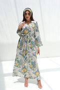 Bustaan — L197 — Lemon Garden Bird Print Belted Linen Jalabiya