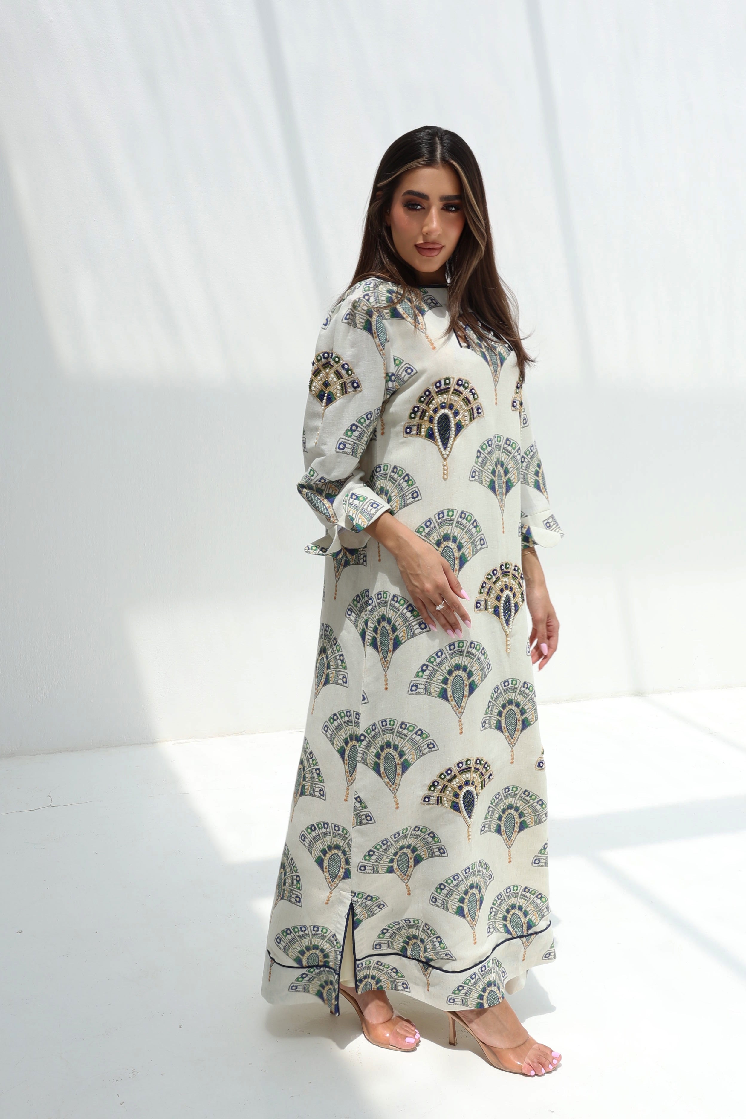 Maraya — L182 — Art Deco Fan Print Linen Jalabiya with Embroidery & Lining